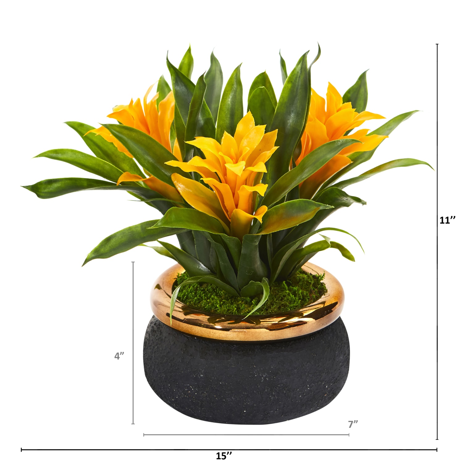 Nearly Natural Bromeliad 11inH Artificial Plant With Stoneware Planter, 11inH x 15inW x 15inD, Yellow/Black - Image 3