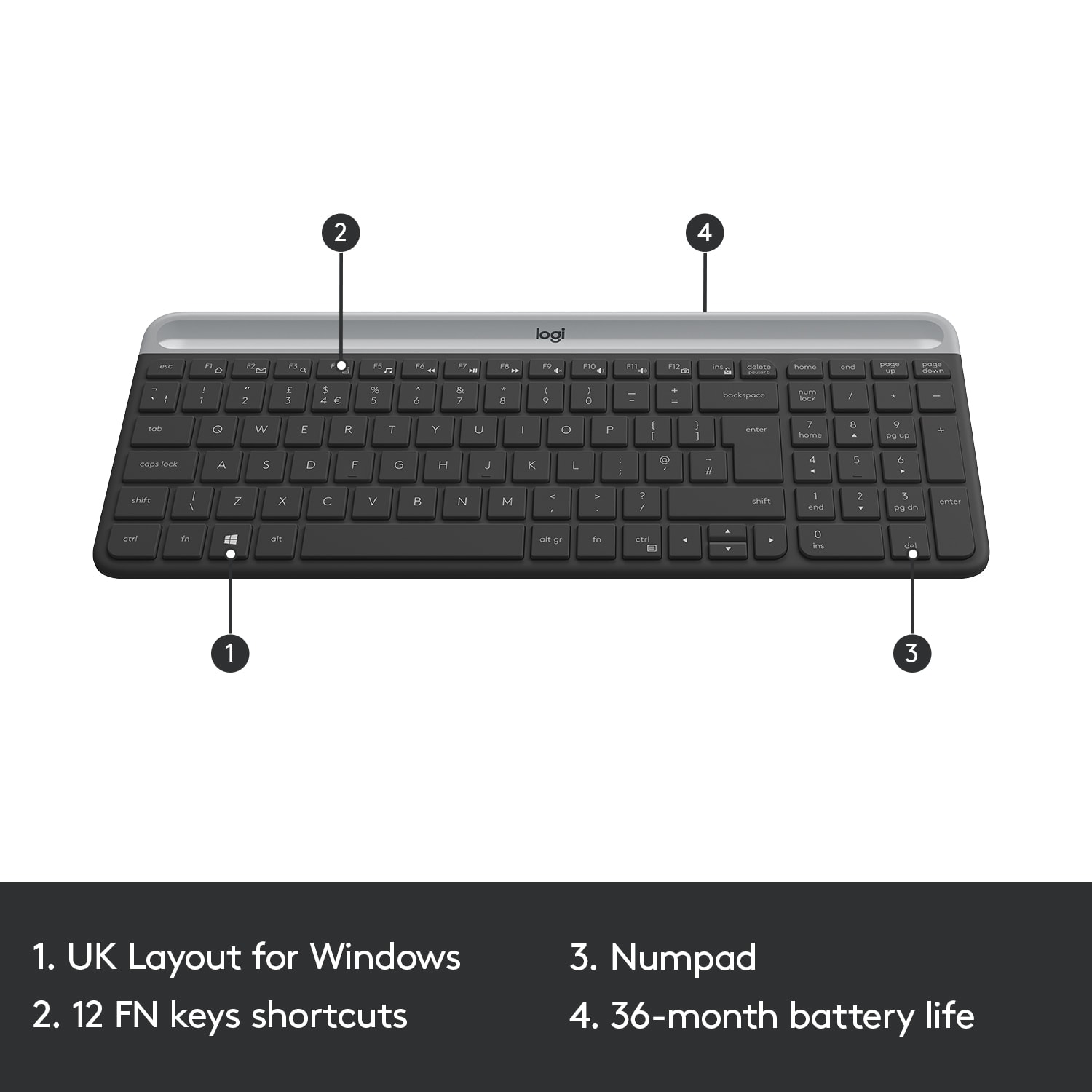Logitech Wireless Keyboard & Mouse, Straight Full Size Keyboard, Graphite, Ambidextrous Optical Mouse, MK470 Slim - Image 6