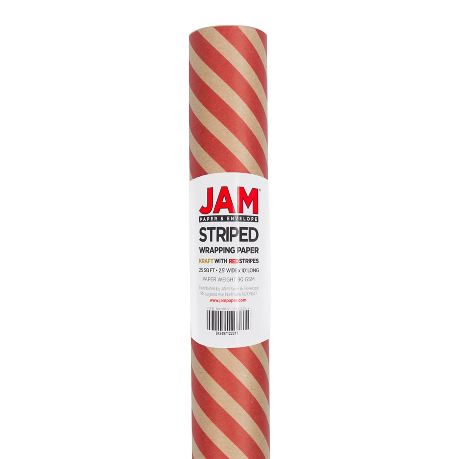 JAM Paper Wrapping Paper, Kraft, 25 Sq Ft, Brown/Red Stripes - Image 3