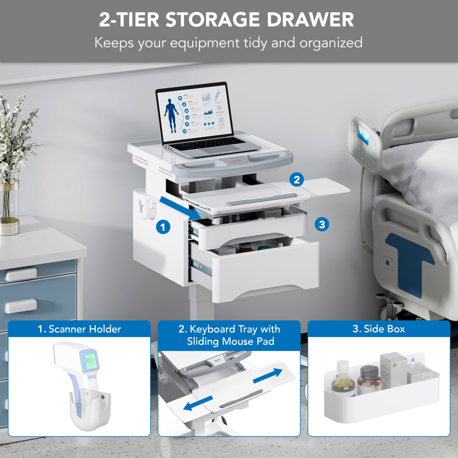Mount-It! Medhub Mobile Workstation With Drawers, 31-1/2inH x 25-5/8inW x 21-3/4inD, White/Gray - Image 6