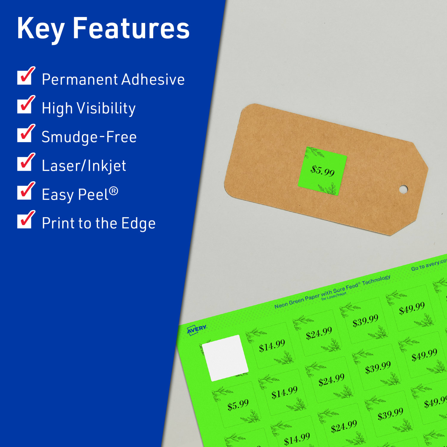 Avery Print-To-The-Edge Labels With Sure Feed Technology And Easy Peel, 94102-NGP40, Square, 3/4in x 3/4in, Matte Neon Green, Pack of 3200 - Image 3
