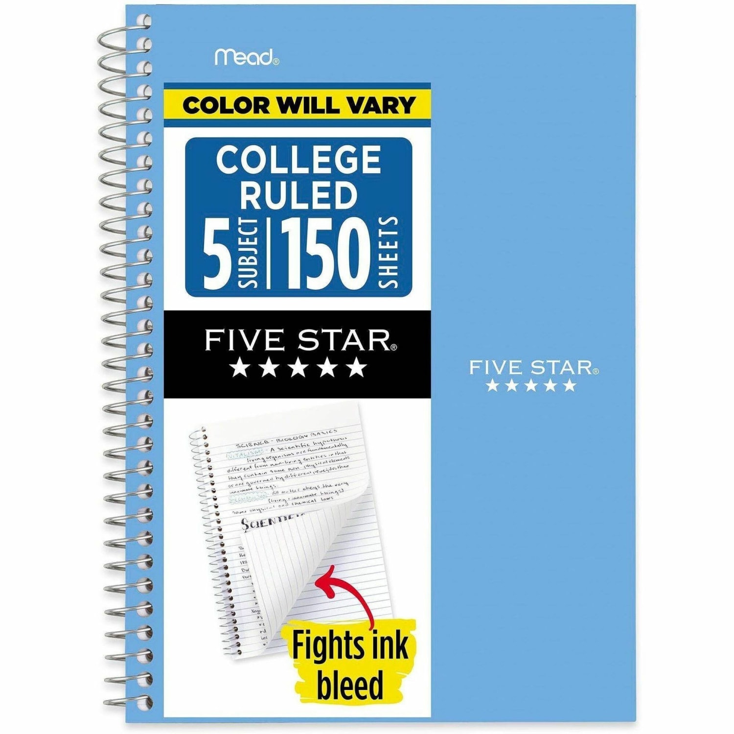 Mead College Ruled Notebook - 5 Subject(s) - 150 Sheets - Spiral - Ruled Margin - 6in x 9 1/2in Sheet Size - Assorted Plastic Cover