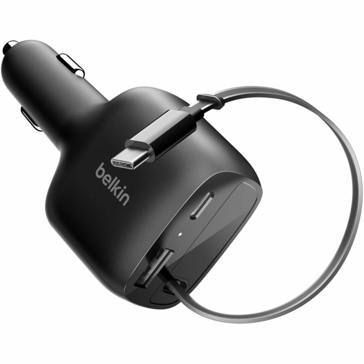 Belkin 75W Dual Port USB Car Charger - 1xUSB-A, 1xUSB-C w/ Retractable USB-C Cable - Black - 2.46 ft Cable - Image 3