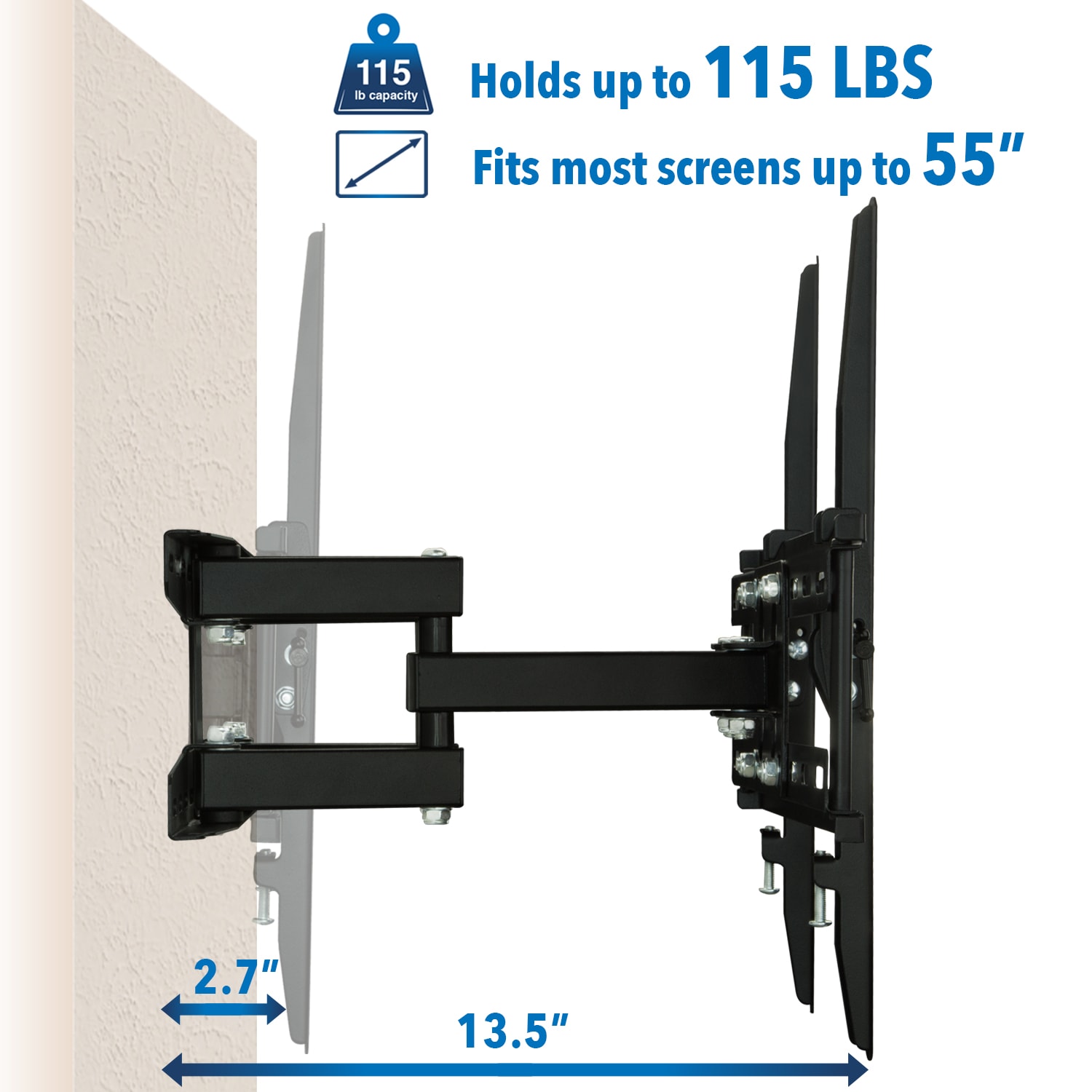 Mount-It! Full Motion Dual Arm 55in TV Wall Mount with Extension, 3-1/4inH x 6-1/4inW x 17-1/2inD, Black - Image 4