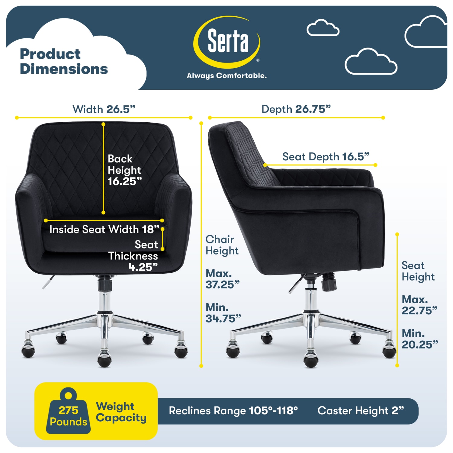 Serta Ashleigh Ergonomic Fabric Mid Back Modern Office Chair Black CCHR10018B PopularChairscom