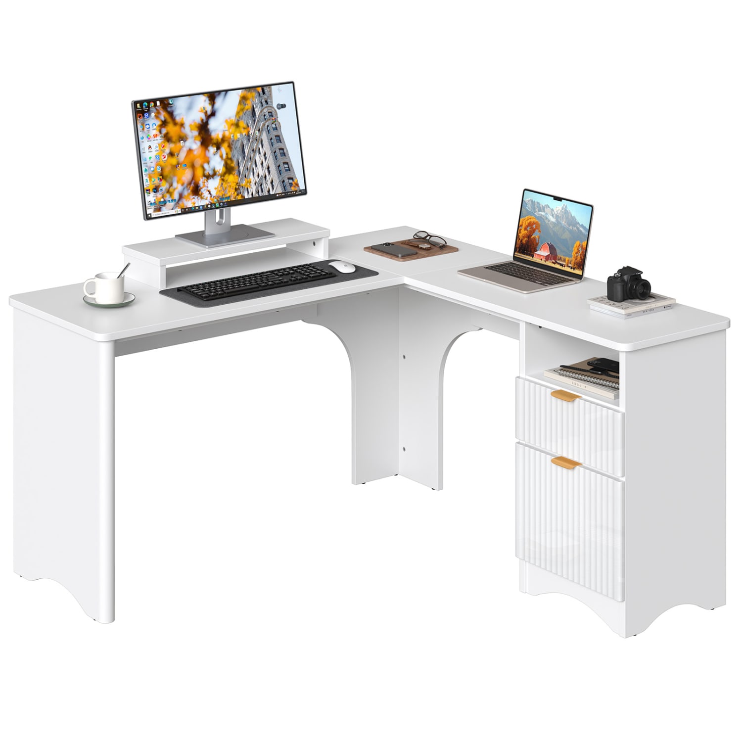 Bestier 56inW Modern L-Shaped Corner Computer Desk With Filing Drawer, White