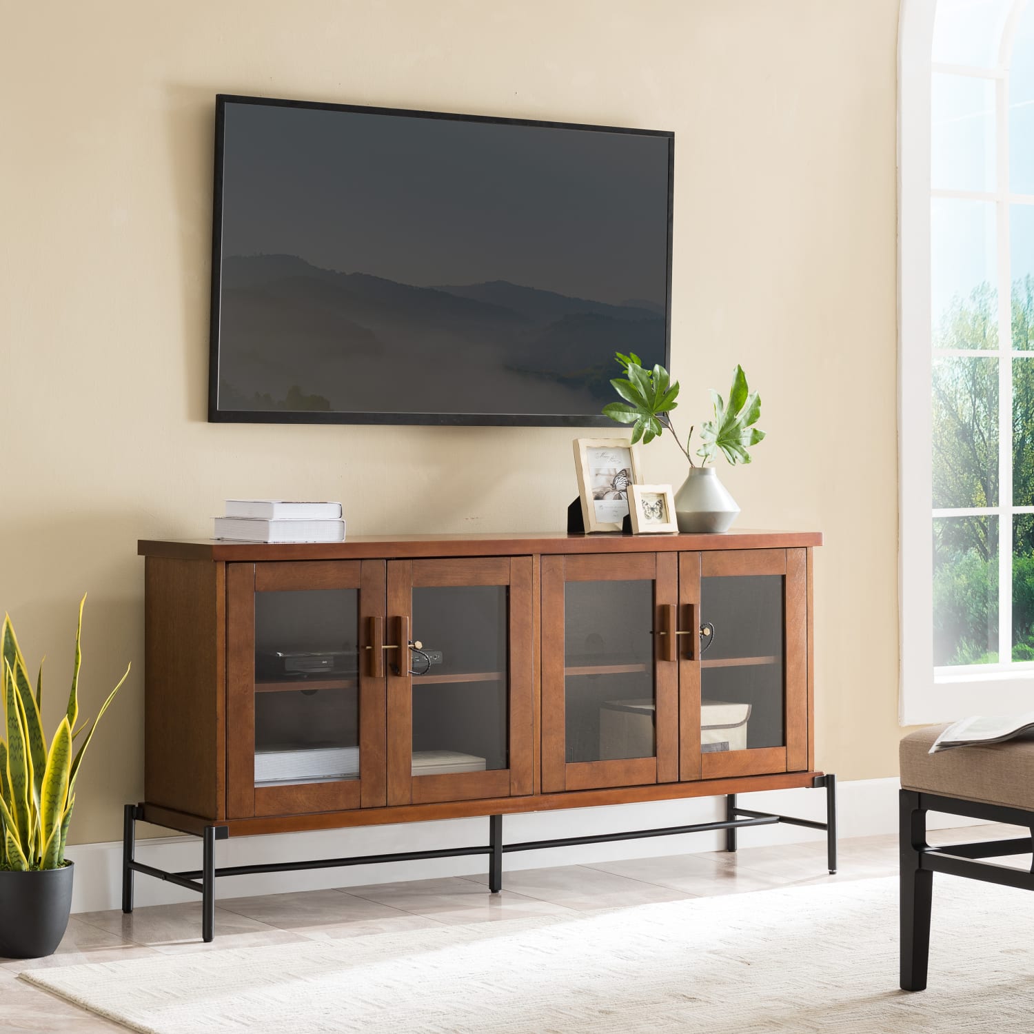 SEI Furniture Chalford TV Console Table, 29inH x 60inW x 15-1/4inD, Whiskey Maple/Aged Black - Image 6