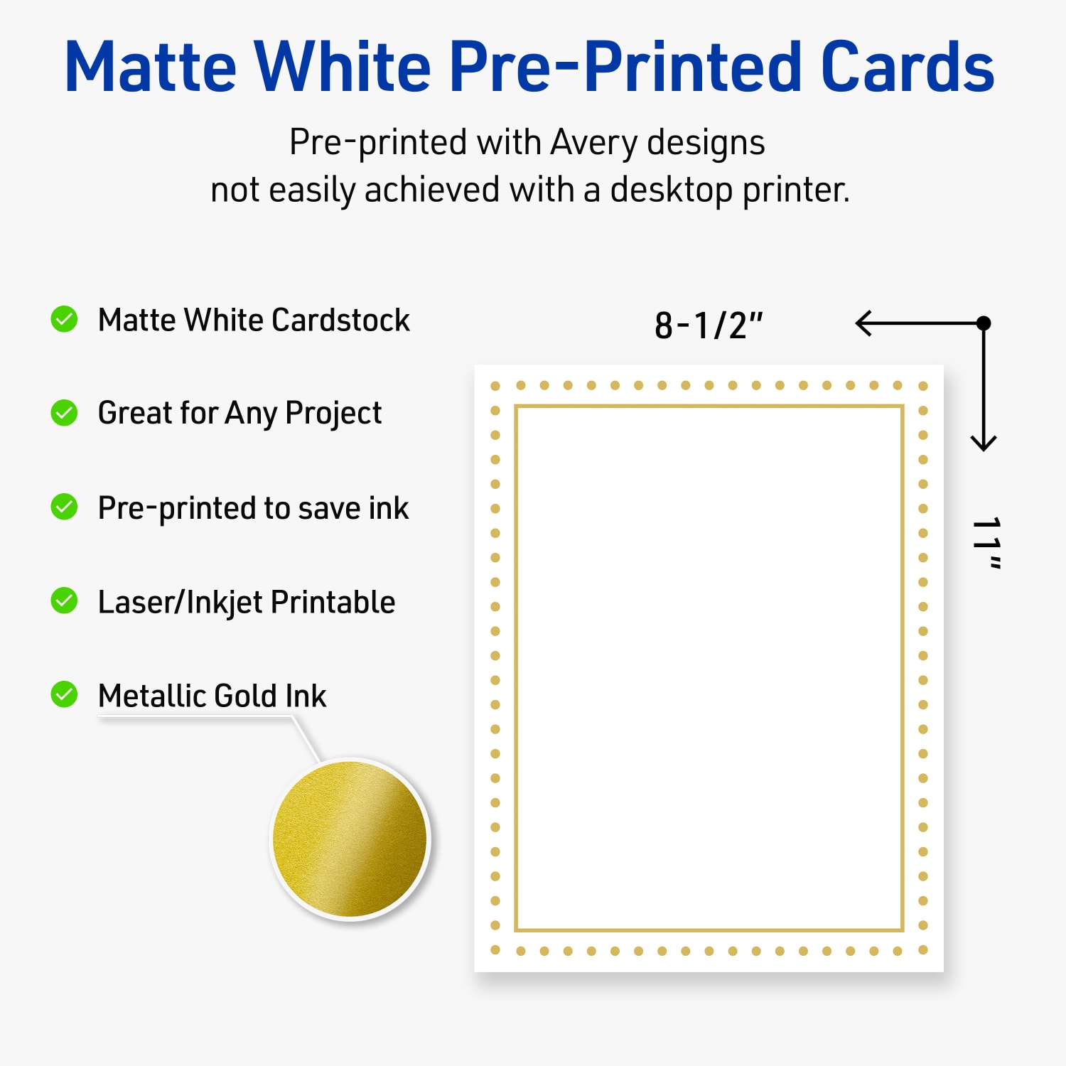 Avery Printable Cards, 8-1/2in x 11in, Matte White With Preprinted Gold Dot Border, Pack Of 10 - Image 4