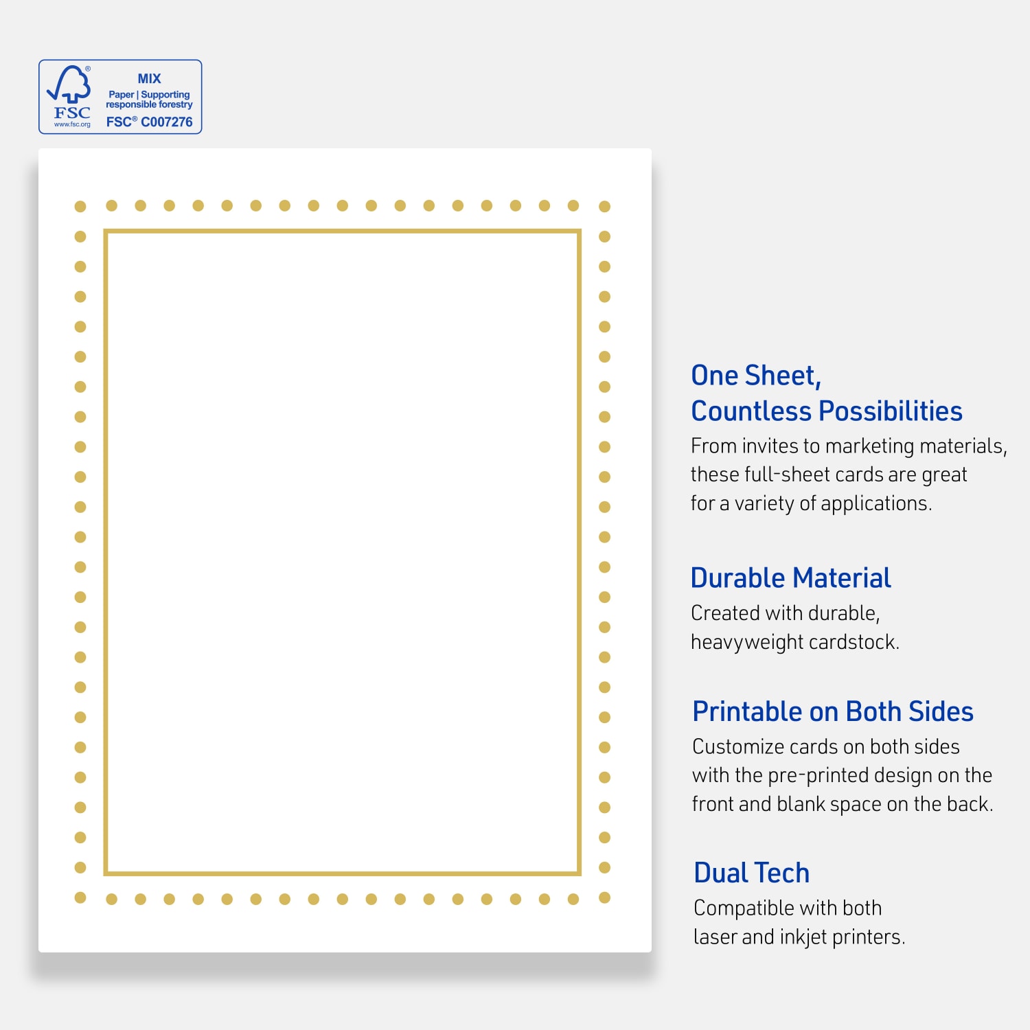 Avery Printable Cards, 8-1/2in x 11in, Matte White With Preprinted Gold Dot Border, Pack Of 10 - Image 5