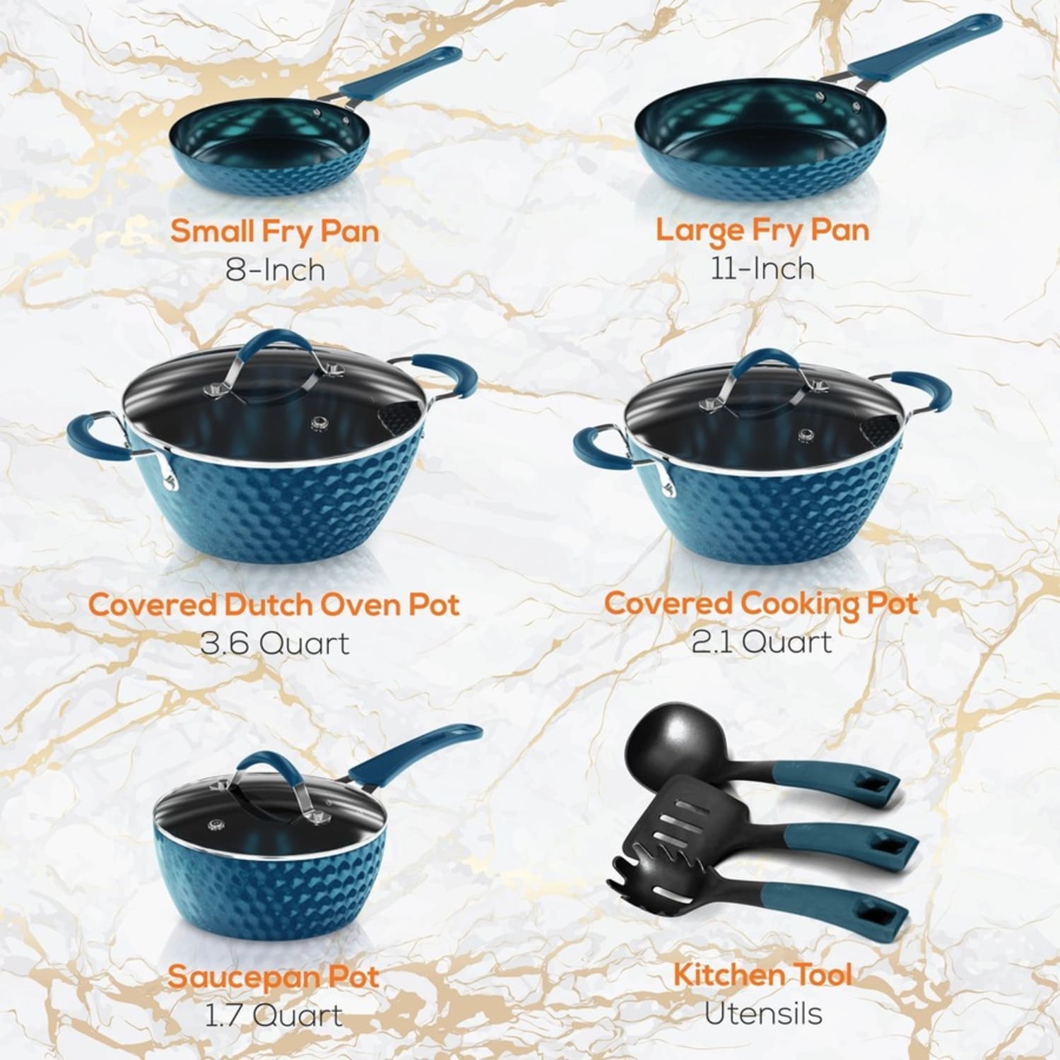 NutriChef Diamond Home Kitchen Cookware Set (Blue) - 11 Pieces - Cooking, Frying, Sauce - 1.70 quart - 2nd Saucepan 3rd Saucepan - 8in Frying Pan - 11in 2nd Frying Pan - 3.60 quart Dutch Oven Griddle - Black, Blue - Image 3