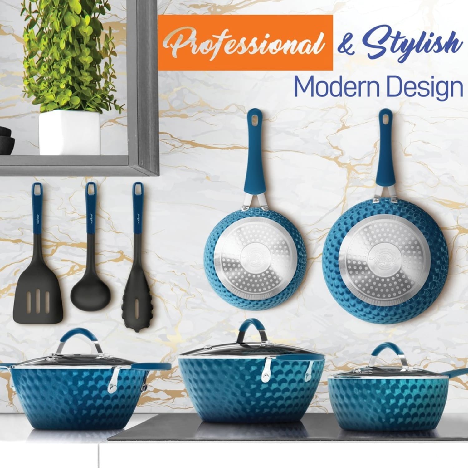 NutriChef Diamond Home Kitchen Cookware Set (Blue) - 11 Pieces - Cooking, Frying, Sauce - 1.70 quart - 2nd Saucepan 3rd Saucepan - 8in Frying Pan - 11in 2nd Frying Pan - 3.60 quart Dutch Oven Griddle - Black, Blue - Image 6