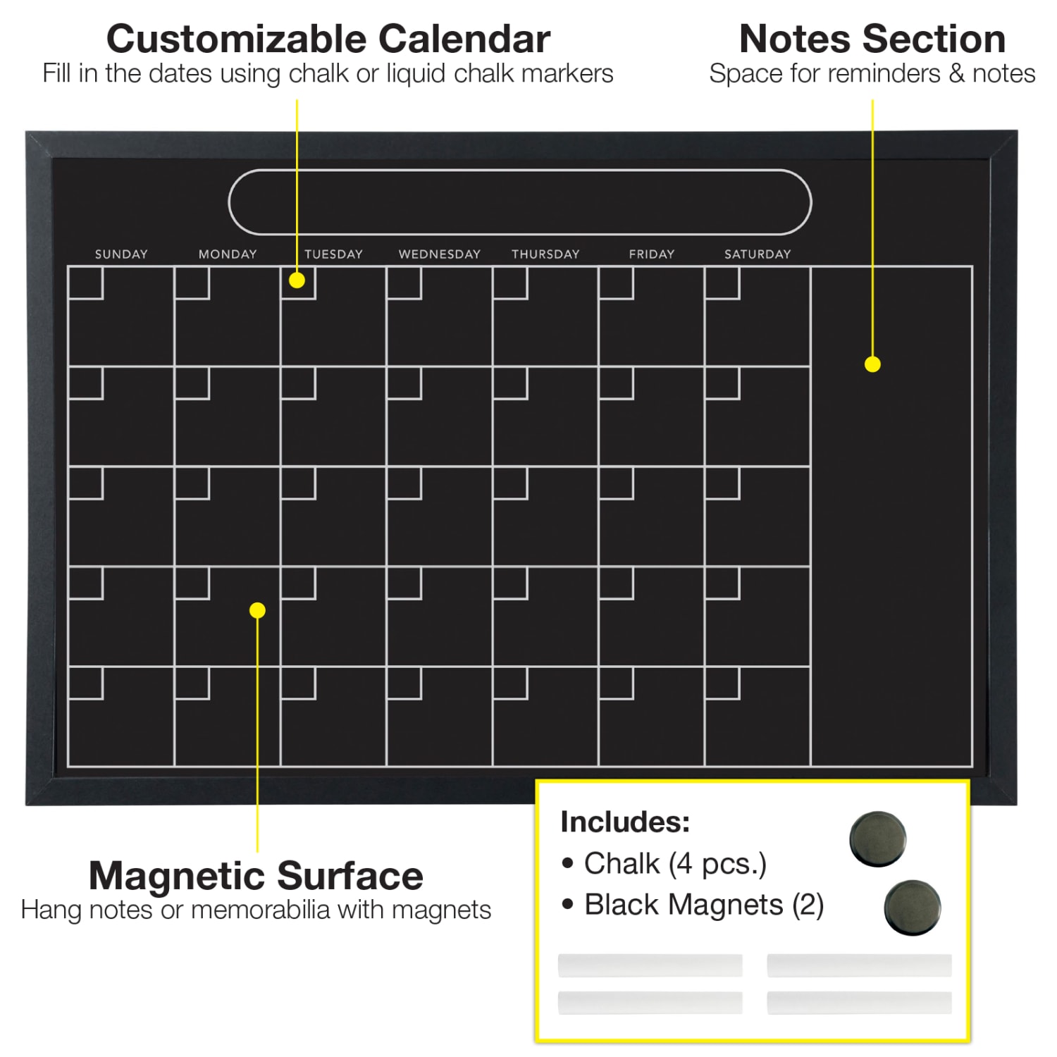 Excello Global Products Magnetic Calendar Chalkboard, Steel, 20in x 30in, Black Wood Frame - Image 3