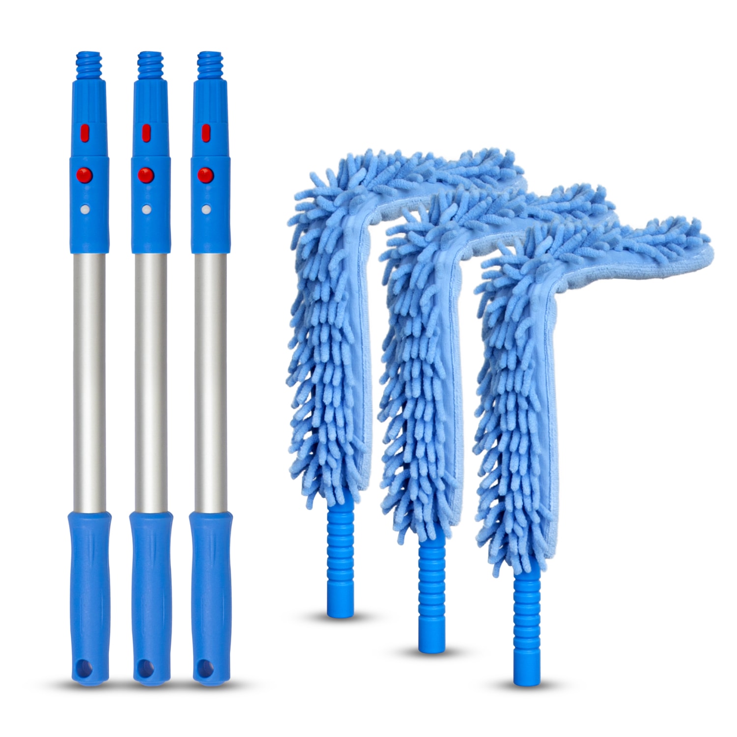 Gritt Commercial 22in Flexible Wand Dusters With Microfiber/Chenille Sleeve And 20in Pole, Blue, Pack Of 3 Dusters