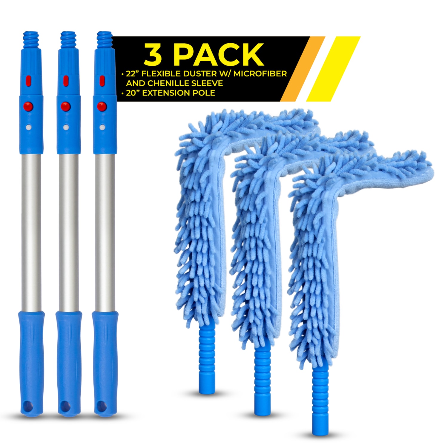 Gritt Commercial 22in Flexible Wand Dusters With Microfiber/Chenille Sleeve And 20in Pole, Blue, Pack Of 3 Dusters - Image 4