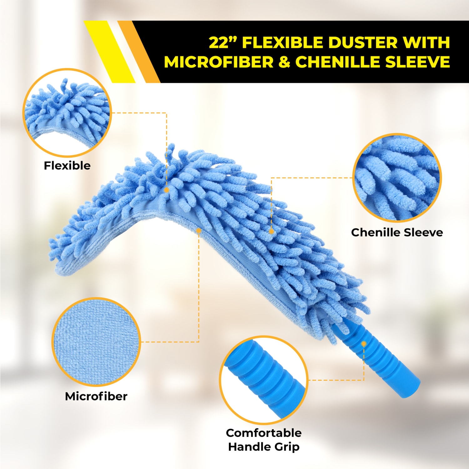 Gritt Commercial 22in Flexible Wand Dusters With Microfiber/Chenille Sleeve And 20in Pole, Blue, Pack Of 3 Dusters - Image 6