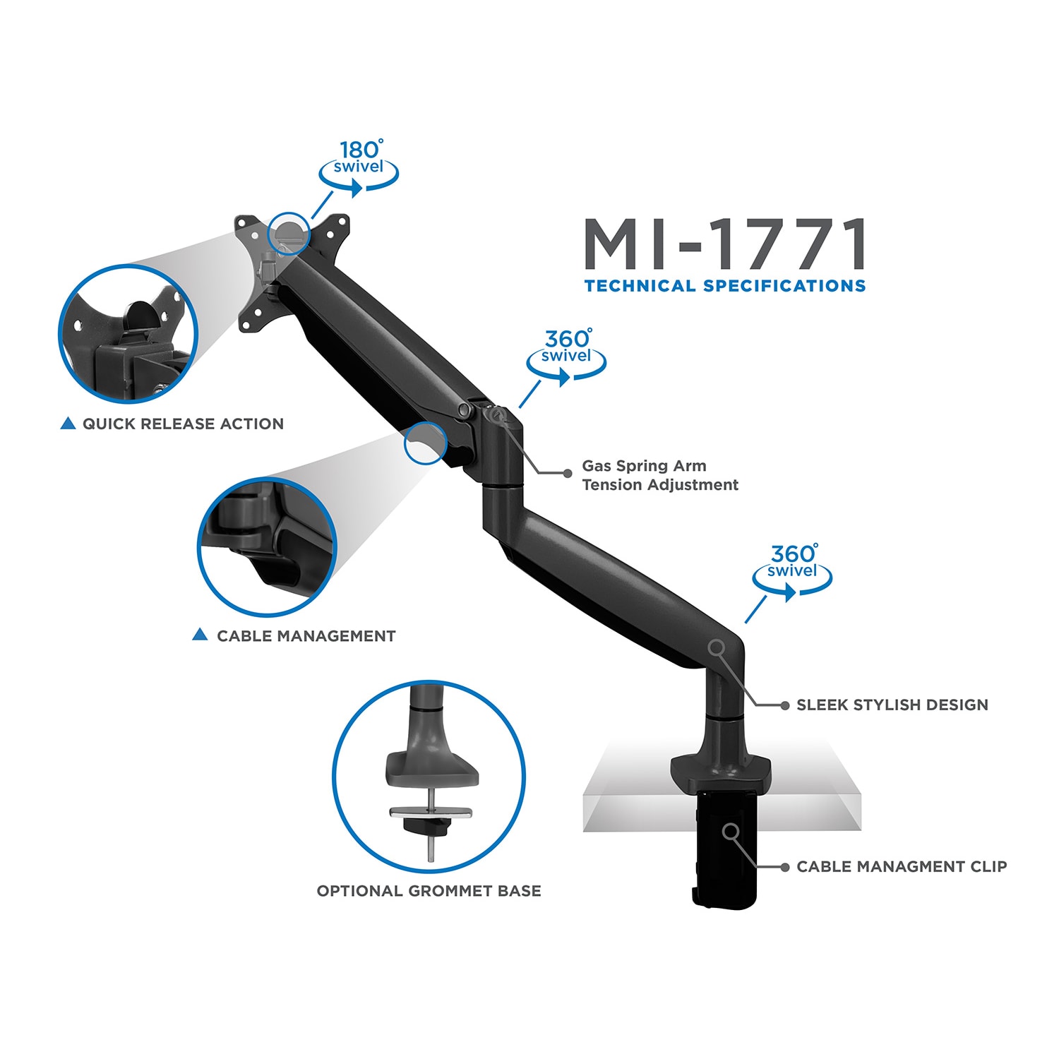 Mount-It! MI-1771B Single Monitor Desk Arm Mount, 19inH x 12inW x 4inD, Black - Image 3