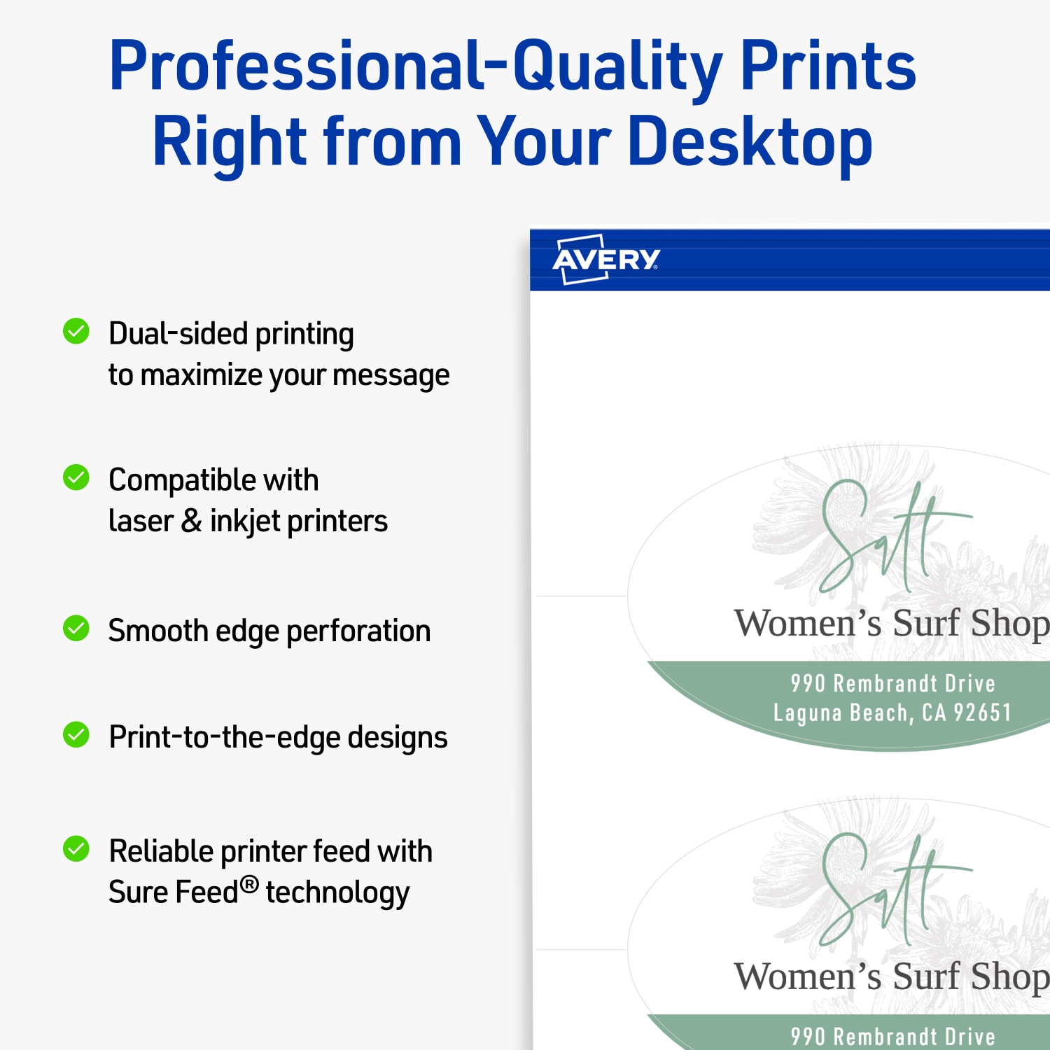 Avery Print-To-The-Edge Business Cards With Sure Feed Technology, 2inx3-1/2in Oval, Matte White, Pack Of 200 - Image 3