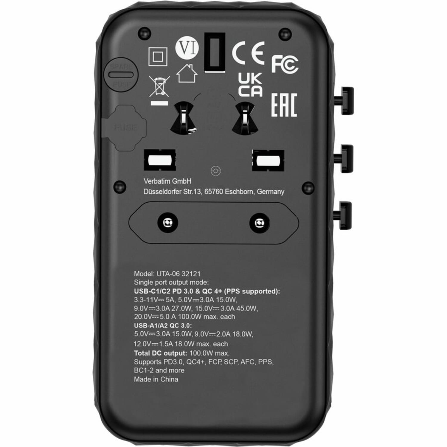 Verbatim UTA-06 Gan III Universal Travel Adapter 100W - USB-C, USB-A - 100 W - 120 V AC, 230 V AC Input - Image 4