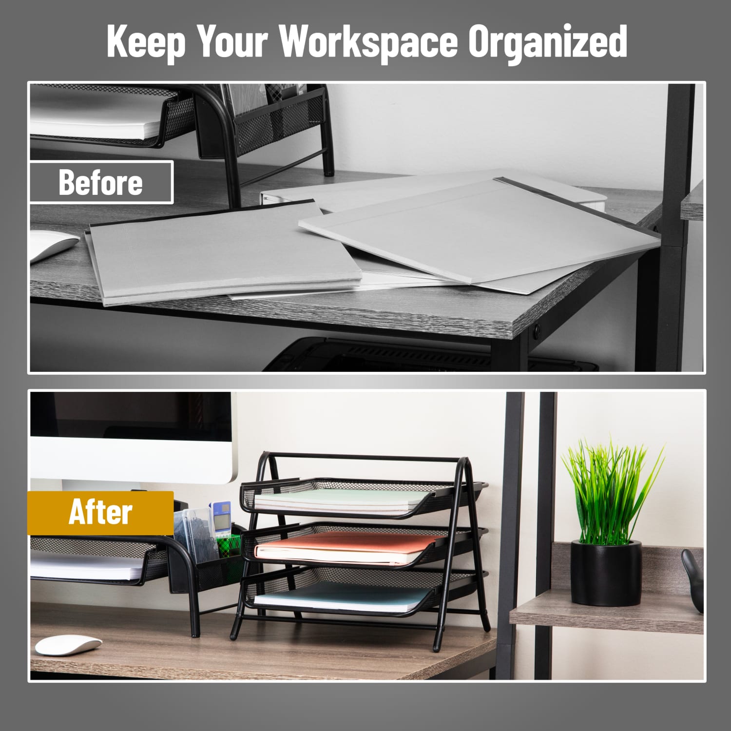 Mind Reader 3-Tier Paper Tray Desktop Organizer, File Storage, 10inH x 13-3/4inW x 11-1/2inL, Black, Set of 2 Trays - Image 6