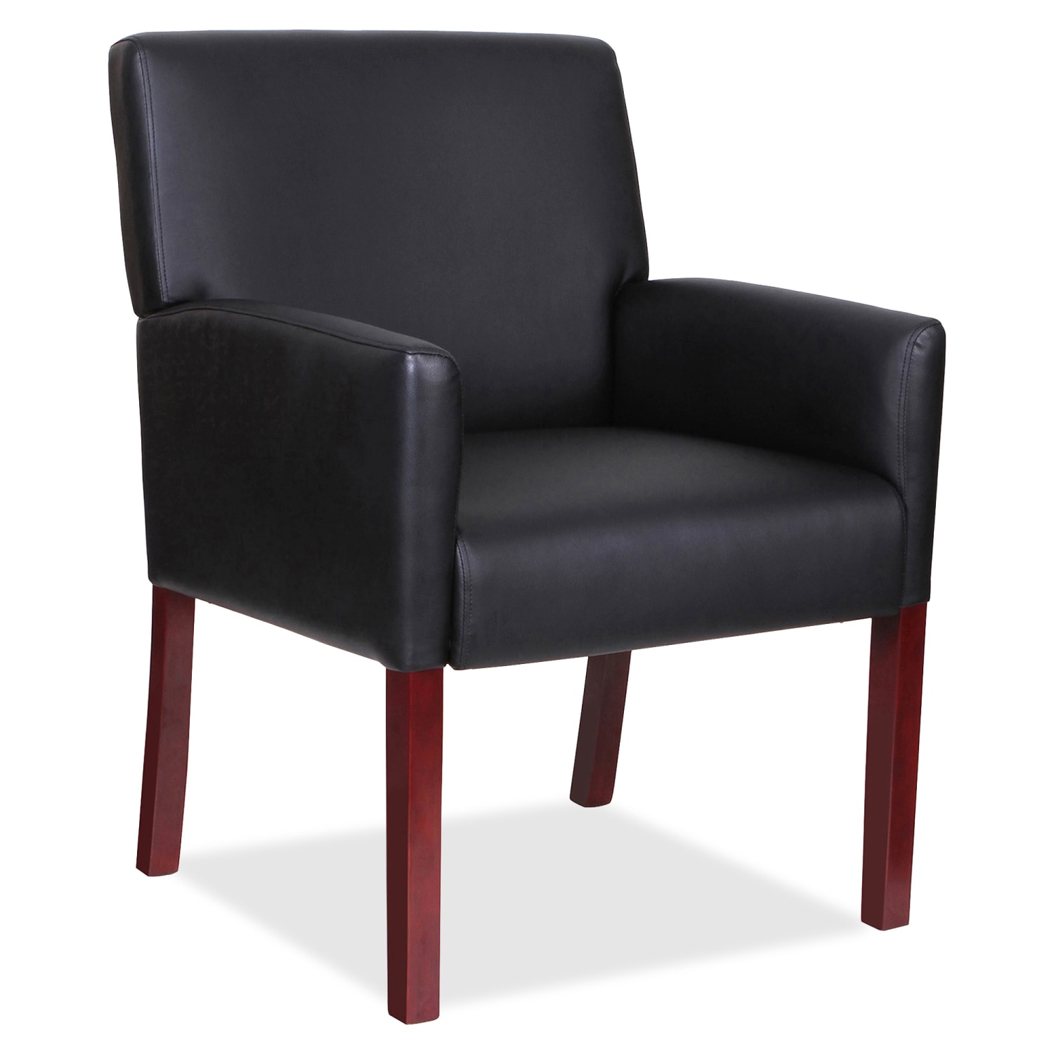 Lorell Bonded Leather Guest Chair With Full-Sided Arms, Black/Mahogany