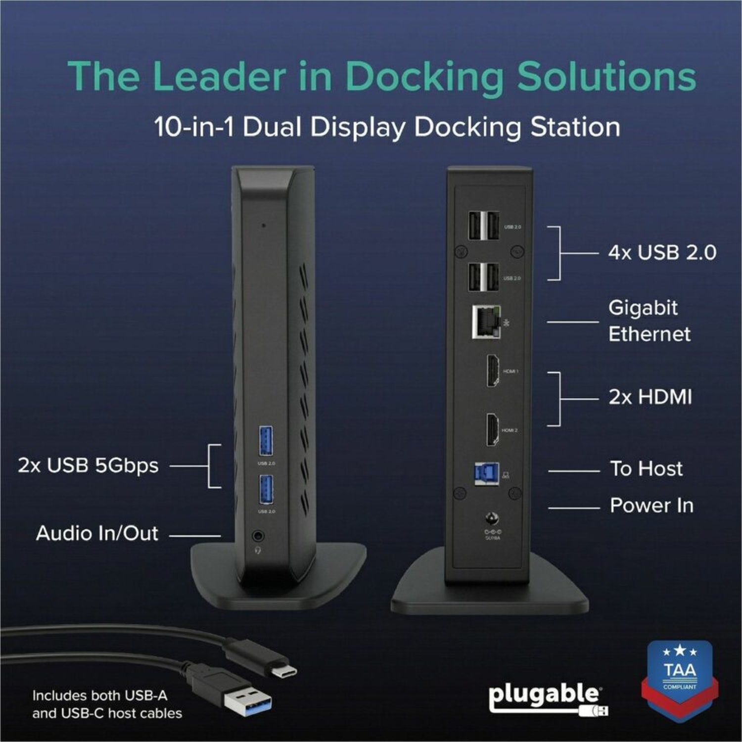 Plugable USB 3.0 and USB-C Universal Laptop Docking Station for Windows and Mac - (Dual Video HDMI, Gigabit Ethernet, Audio, 6 USB Ports) - Image 3