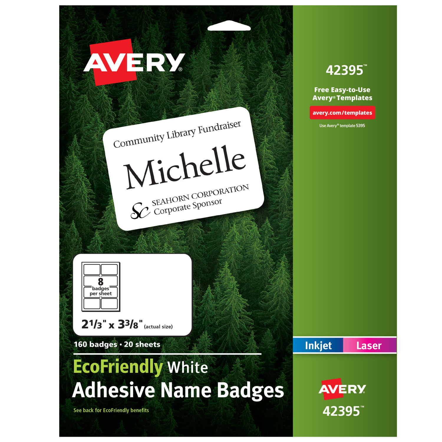 Avery EcoFriendly 100% Recycled Name Badges, 2 1/3in x 3 3/8in, White, Pack Of 160