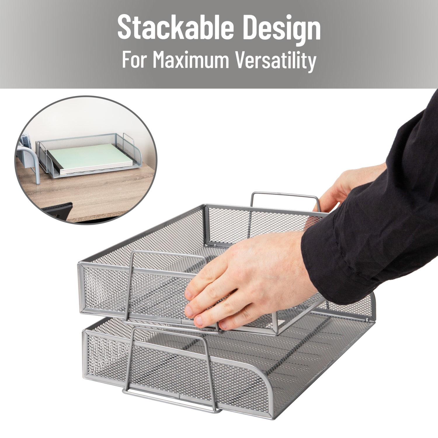 Mind Reader Stackable Paper Tray Desktop Organizer, 6-1/4inH x 9-3/4inW x 13-1/4inD, Silver - Image 5