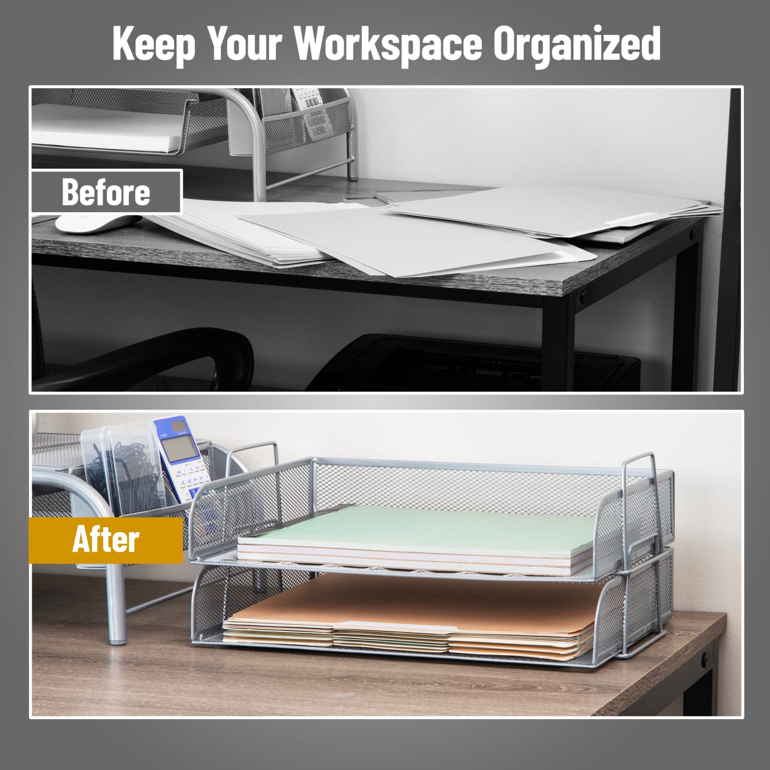 Mind Reader Stackable Paper Tray Desktop Organizer, 6-1/4inH x 9-3/4inW x 13-1/4inD, Silver - Image 6