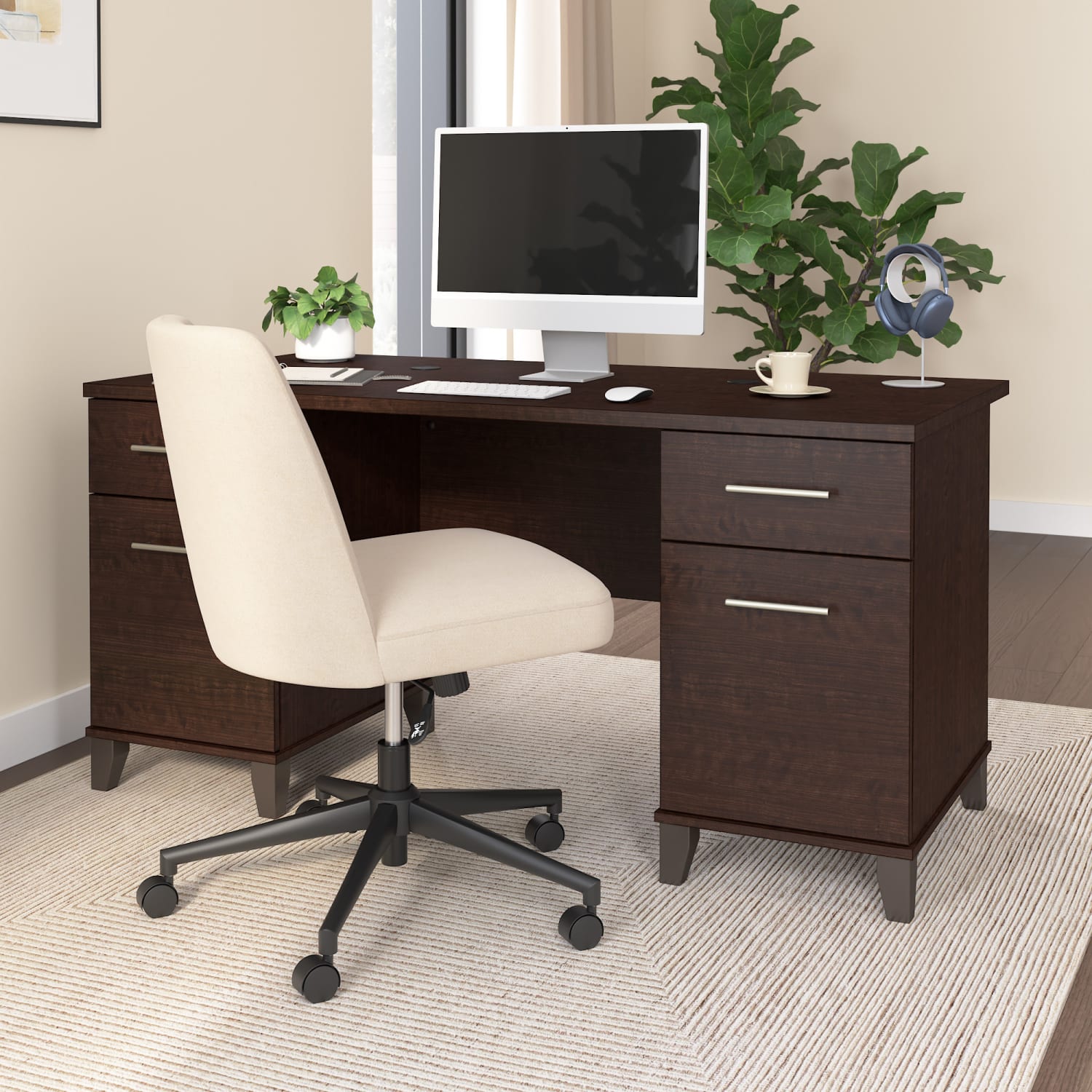 Bush Furniture Somerset 60inW Office Desk With Drawers, Mocha Cherry, Standard Delivery