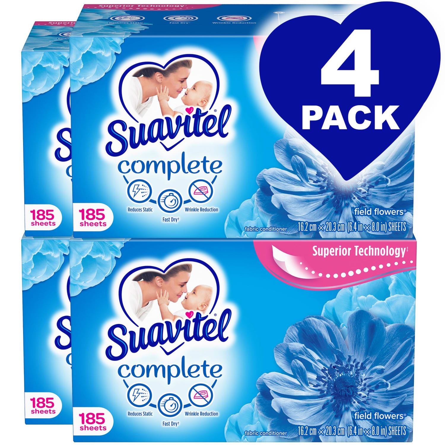 Suavitel Complete Dryer Sheets, Field Flowers Scent, 185 Sheets Per Box, Case Of 4 Boxes - Image 3
