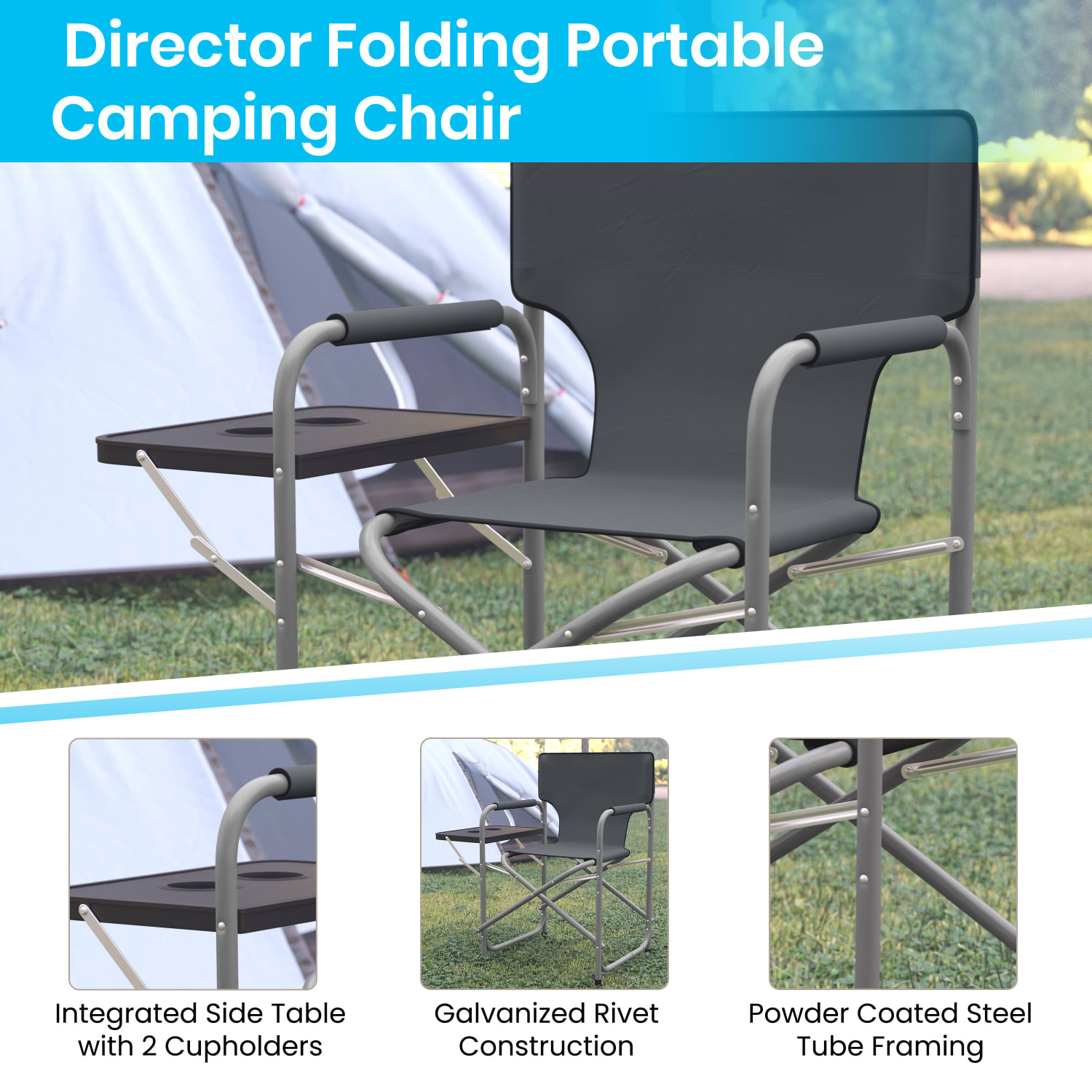 Flash Furniture Folding Directors Camping Chair With Side Table And Cup Holder, Gray - Image 5