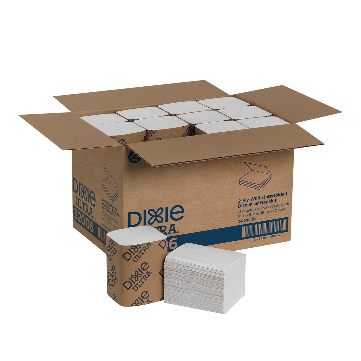 Dixie Ultra 2-Ply Interfold Napkin Dispenser Refills, 6-1/2in x 5in, White, 250 Napkins per Pack, 24 Packs per Case