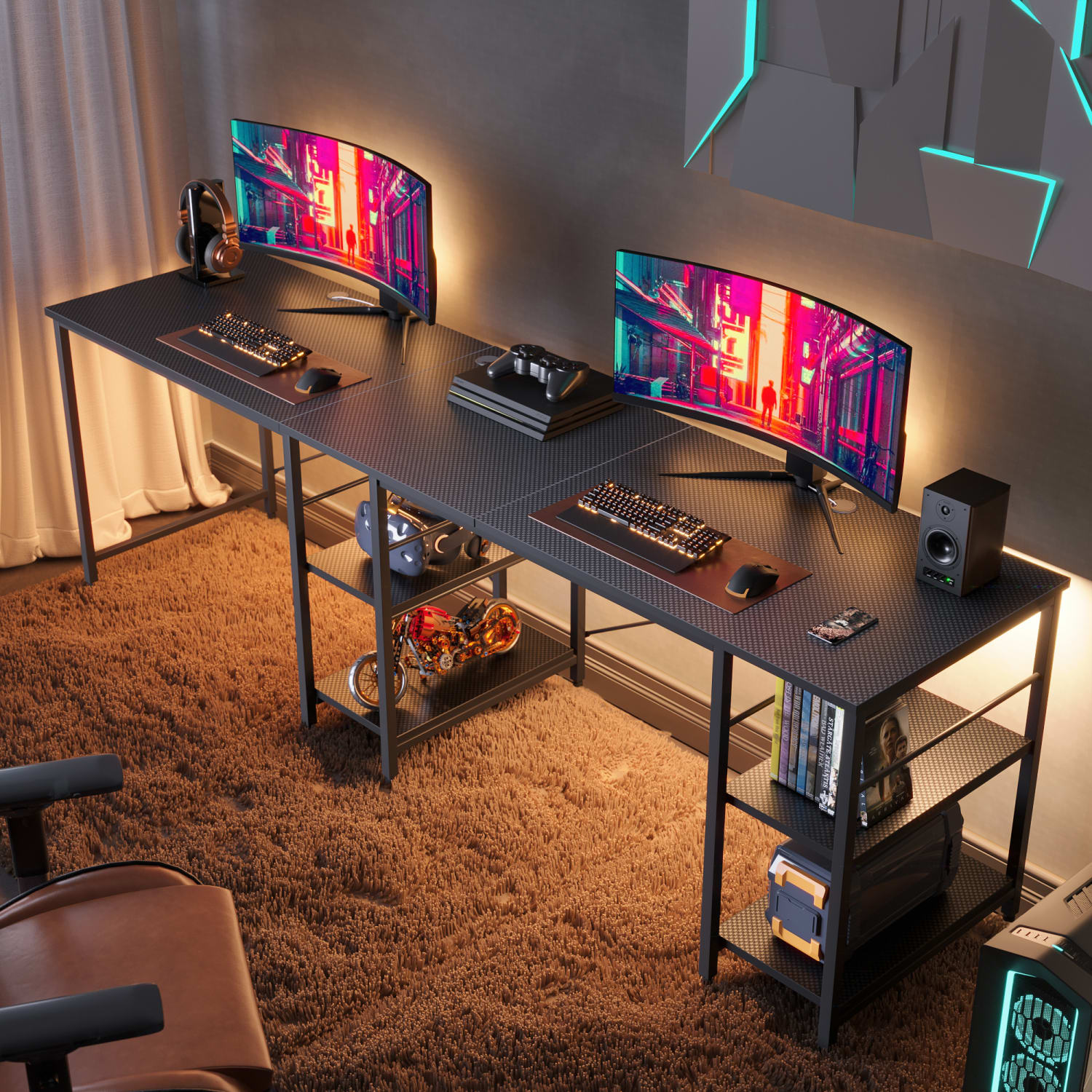 Bestier L-Shaped Corner Computer Desk With Storage Shelf, And Cord Management, 60inW, Black Carbon Fiber - Image 3