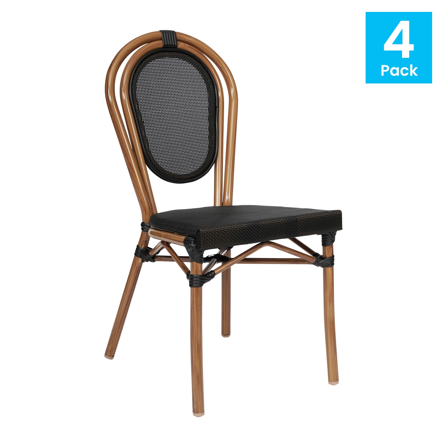 Flash Furniture 4 Pack Marseille Indoor/Outdoor Commercial Thonet Bistro Stacking Chair, Black/Natural Frame -4SDA6422STXTBKN - Image 3