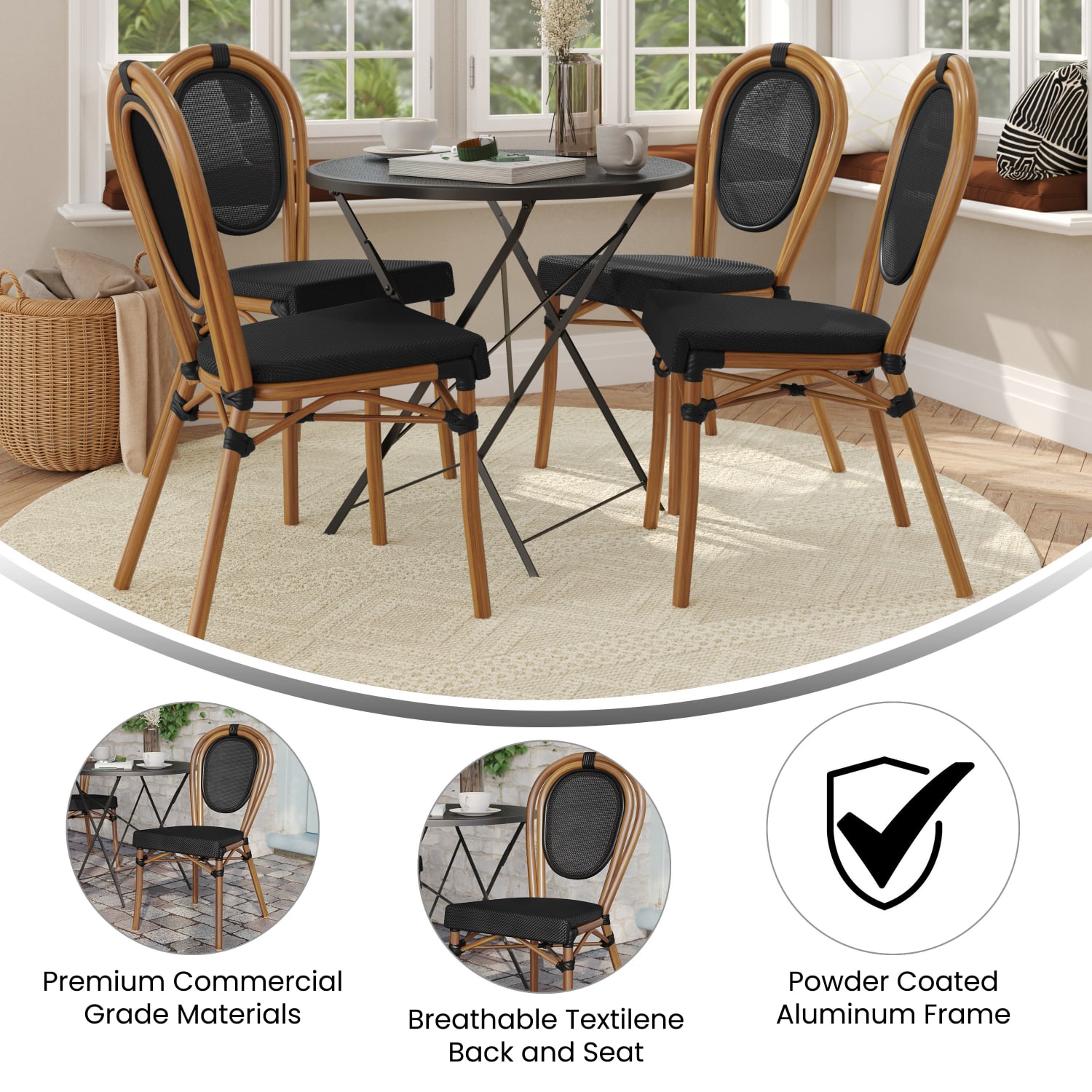 Flash Furniture 4 Pack Marseille Indoor/Outdoor Commercial Thonet Bistro Stacking Chair, Black/Natural Frame -4SDA6422STXTBKN - Image 5