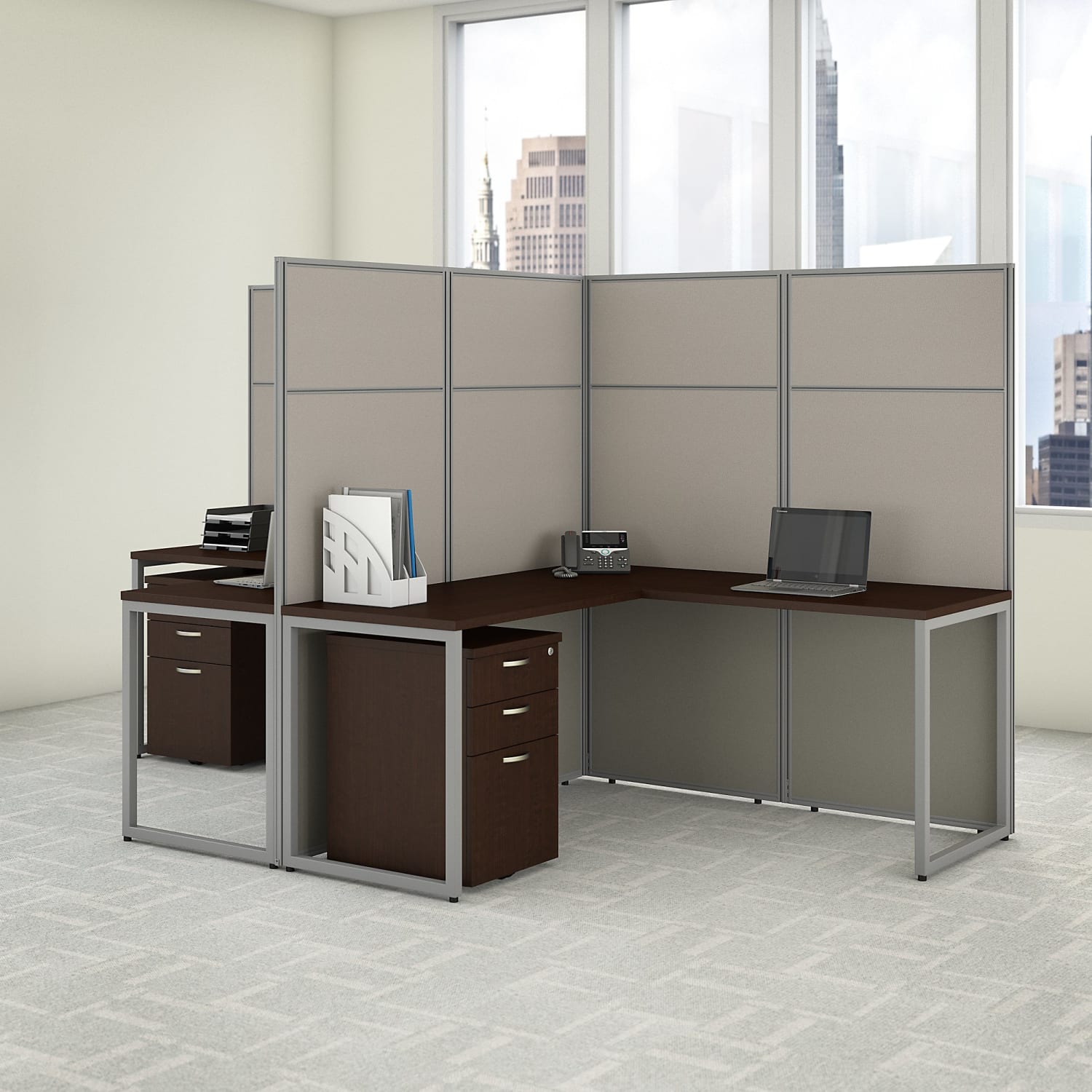 Bush Business Furniture Easy Office 60inW 2-Person L-Shaped Cubicle Desk With Drawers And 66inH Panels, Mocha Cherry, Standard Delivery - Image 3