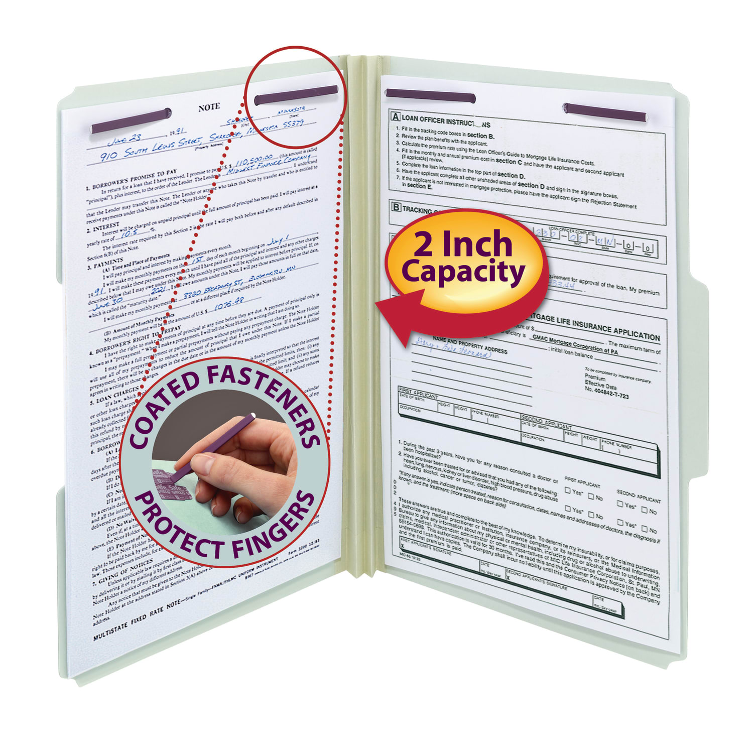 Smead Pressboard Fastener Folders With SafeSHIELD Fasteners, 2in Expansion, Legal Size, 100% Recycled, Gray/Green, Box Of 25 - Image 3