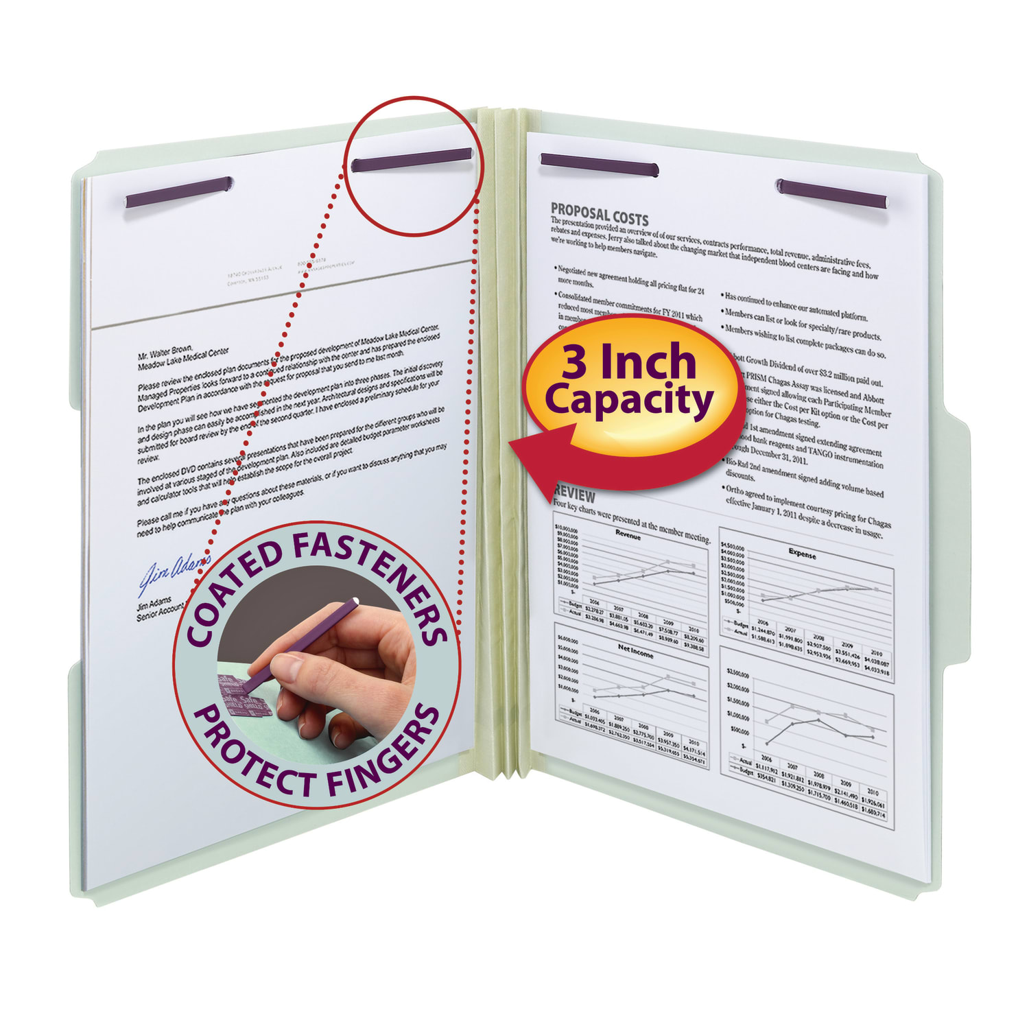 Smead Pressboard Fastener Folders With SafeSHIELD Coated Fasteners, 3in Expansion, Letter Size, 100% Recycled, Gray/Green, Box Of 25 - Image 3