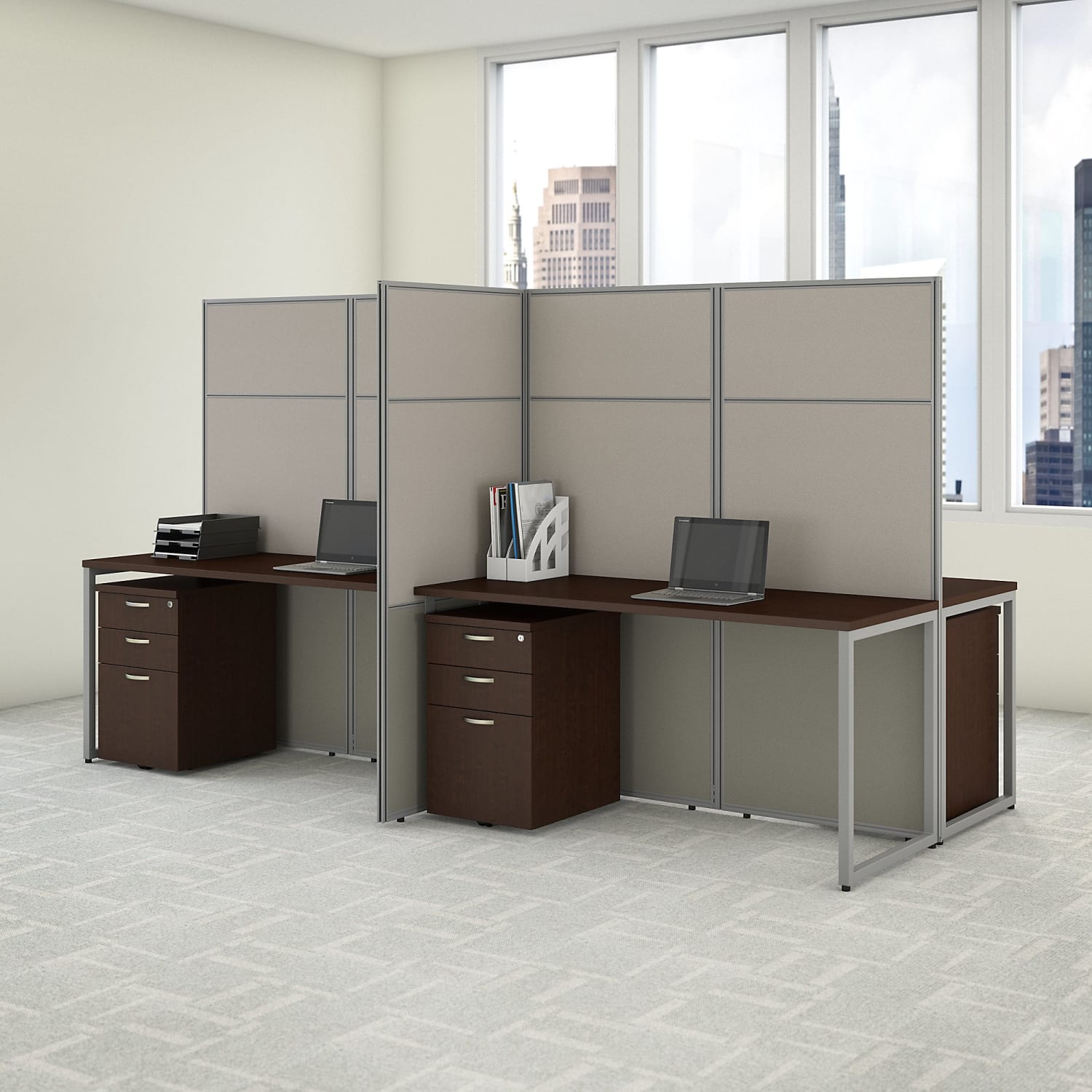 Bush Business Furniture Easy Office 60inW 4-Person Cubicle Desk With File Cabinets And 66inH Panels, Mocha Cherry, Standard Delivery - Image 3