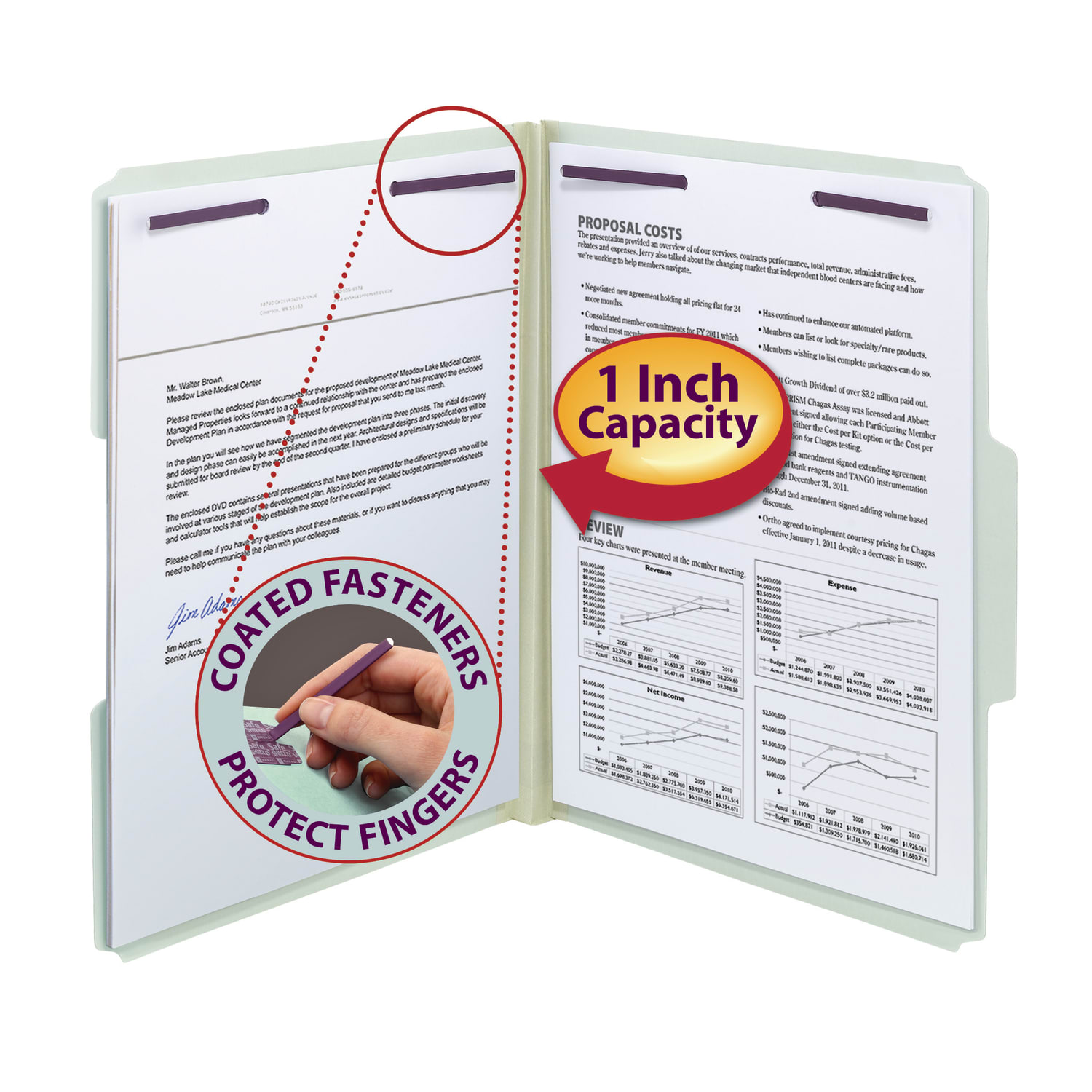 Smead Pressboard Fastener Folders With SafeSHIELD Fasteners, 1in Expansion, Letter Size, 100% Recycled, Gray/Green, Box Of 25 - Image 3