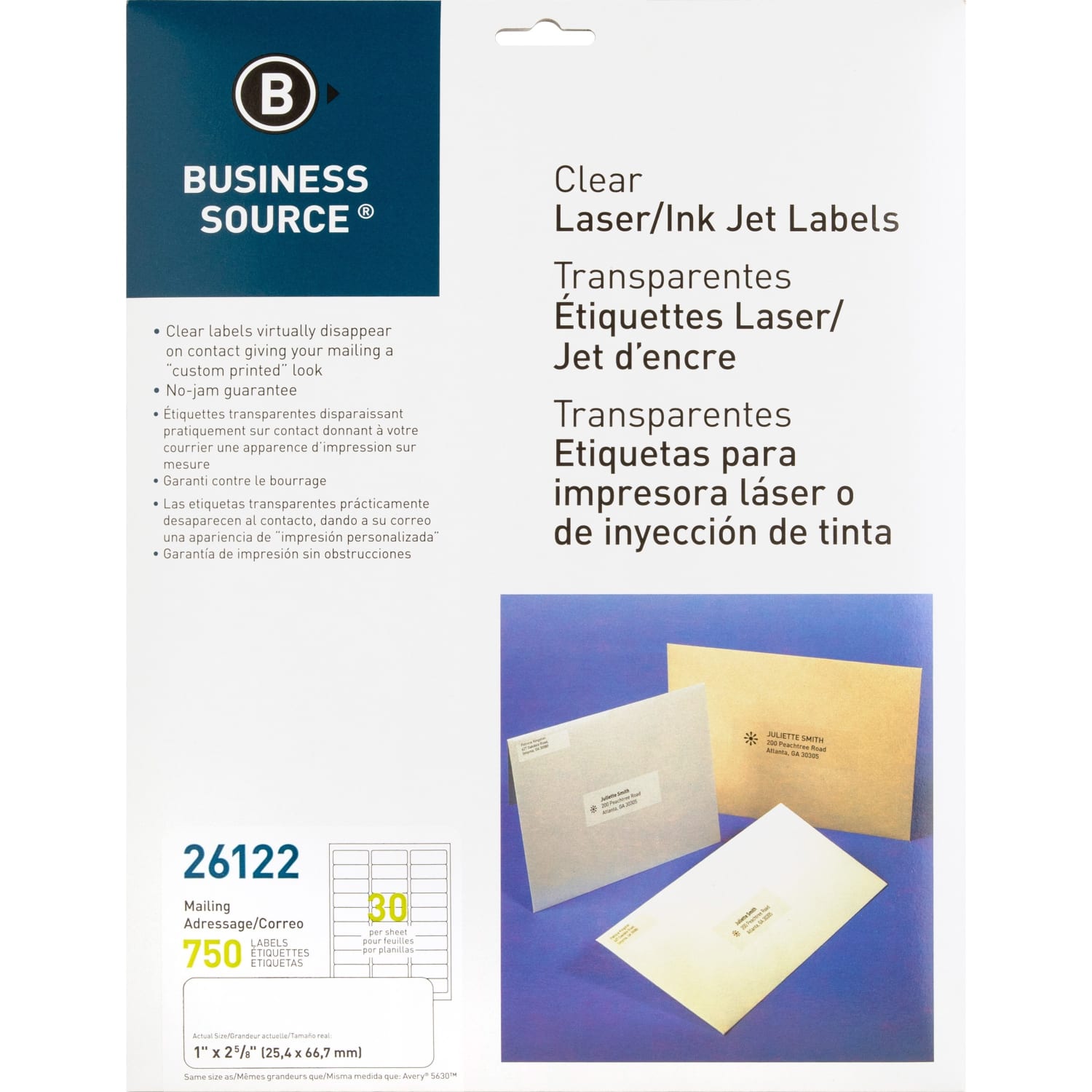 Business Source Mailing Address Labels - 1in Width x 2 3/4in Length - Permanent Adhesive - Rectangle - Laser - Clear - 30 / Sheet - Self-adhesive - 750 / Pack