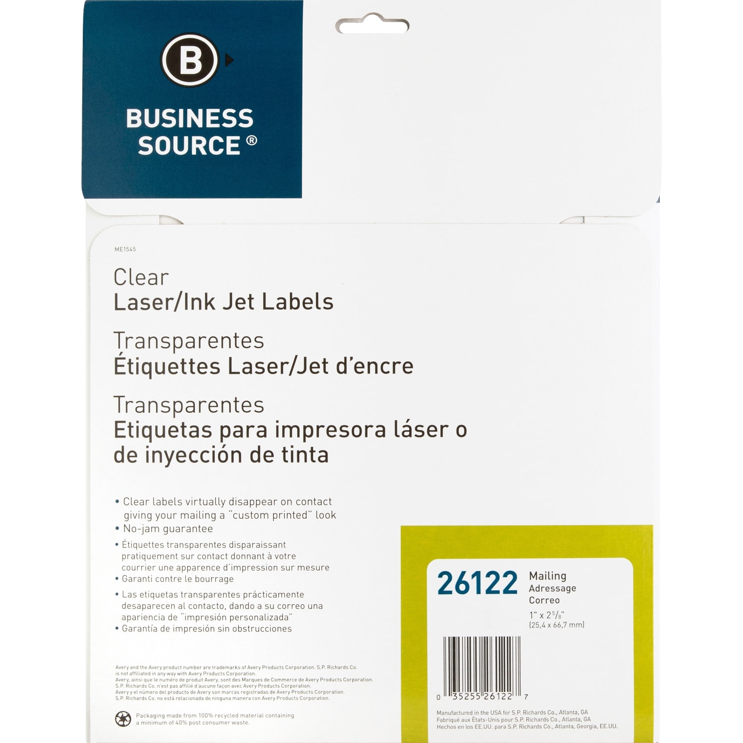 Business Source Mailing Address Labels - 1in Width x 2 3/4in Length - Permanent Adhesive - Rectangle - Laser - Clear - 30 / Sheet - Self-adhesive - 750 / Pack - Image 3