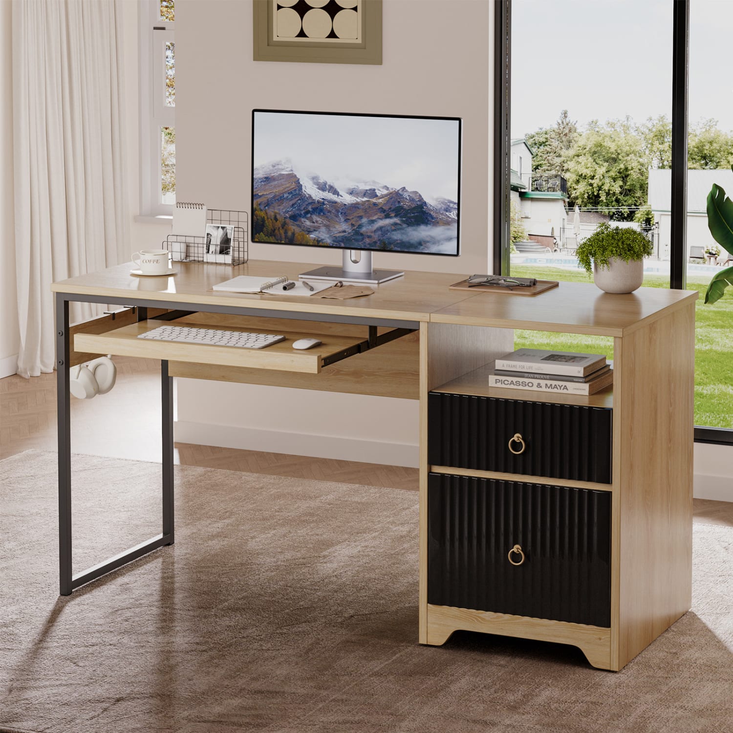 Bestier 56inW Writing Computer Desk With Storage And Keyboard Tray, Natural Oak - Image 3