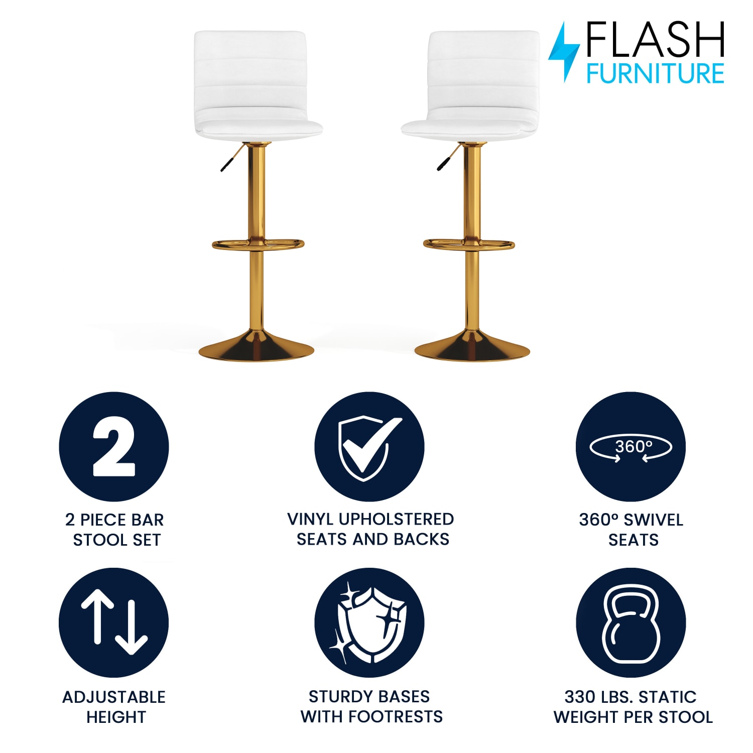 Flash Furniture Modern Vinyl Adjustable Height Barstool with Horizontal Stitch Back Set of 2 White VinylGold Frame PopularChairscom