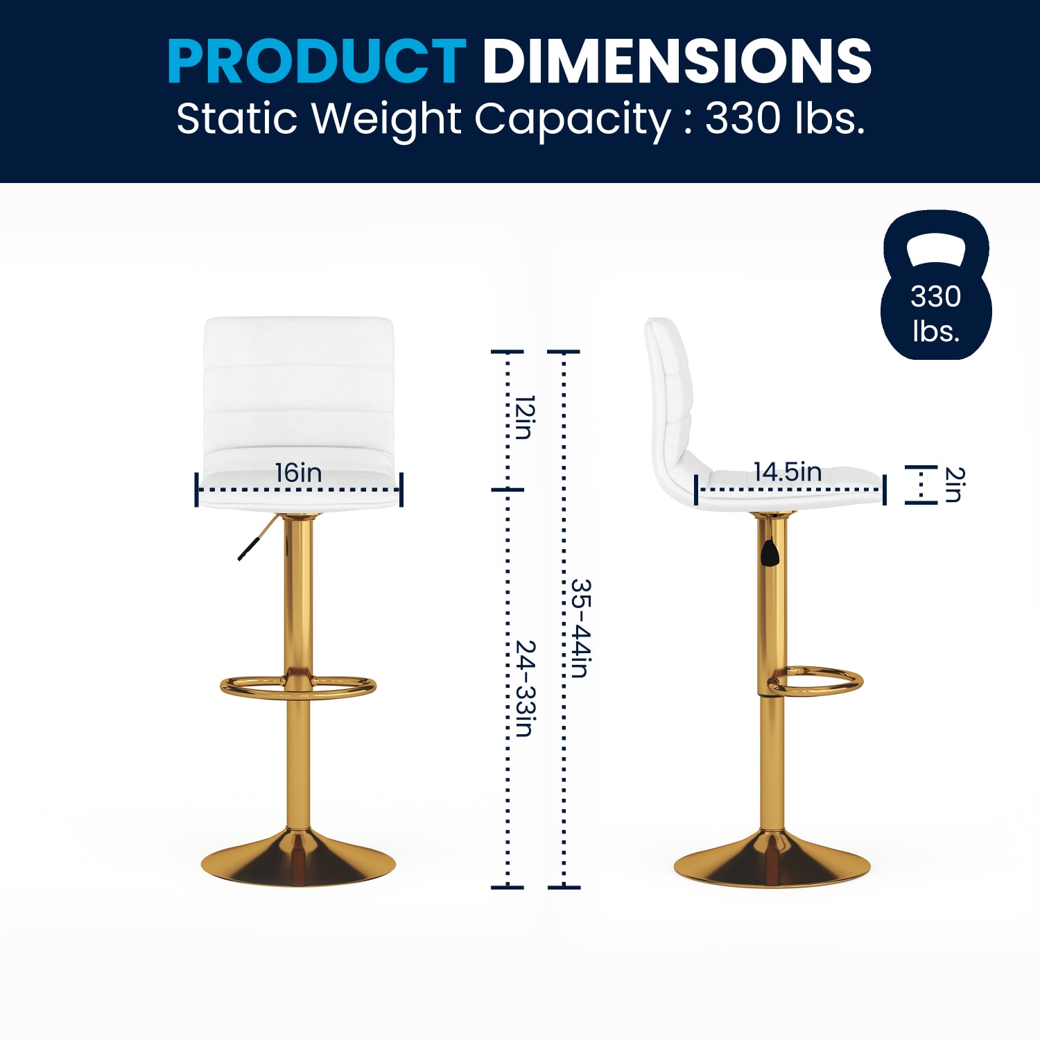 Flash Furniture Modern Vinyl Adjustable Height Barstool with Horizontal Stitch Back Set of 2 White VinylGold Frame PopularChairscom