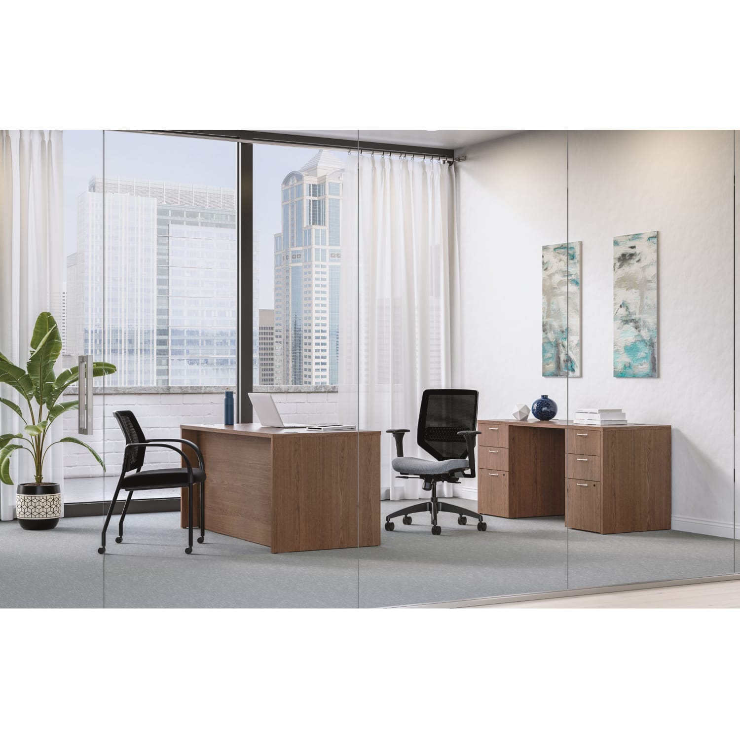 HON Mod 60inW Executive Workstation Computer Desk And Credenza With Storage, Sepia Walnut