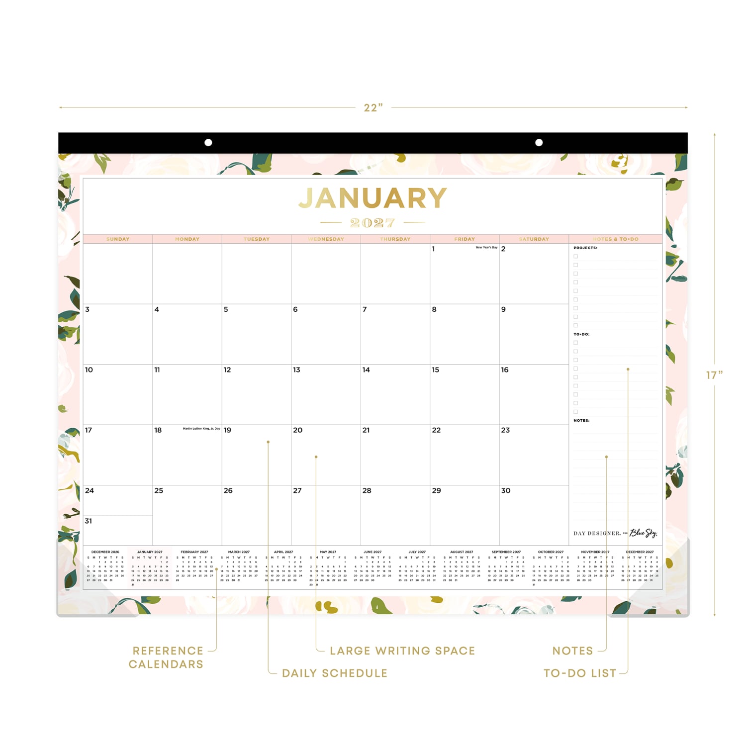 2027 Blue Sky Coming Up Roses Blush Monthly Desk Pad Planning Calendar, 22x17, 0%, Coming Up Roses Blush, Jan-Dec, RY27 - Image 3