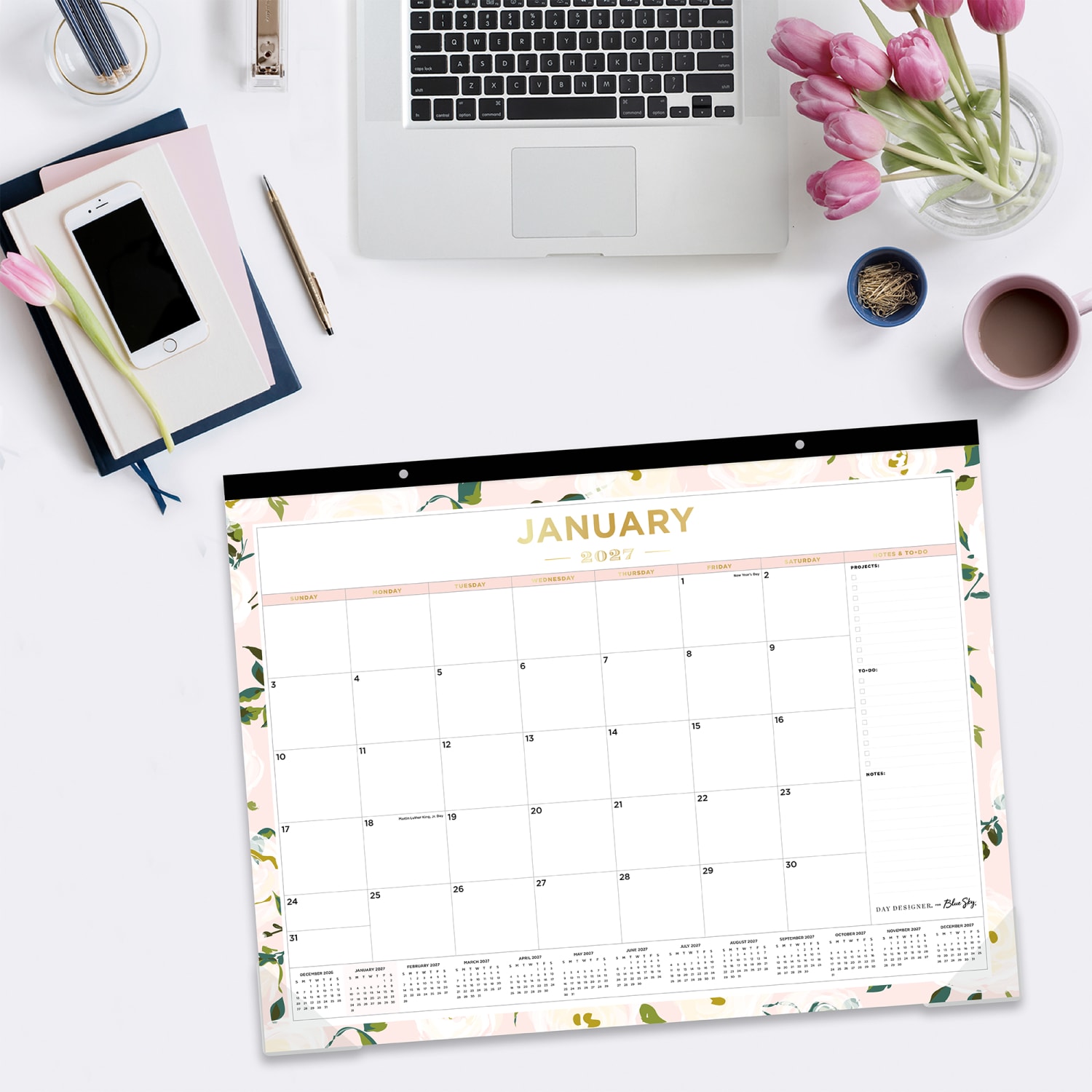 2027 Blue Sky Coming Up Roses Blush Monthly Desk Pad Planning Calendar, 22x17, 0%, Coming Up Roses Blush, Jan-Dec, RY27 - Image 4
