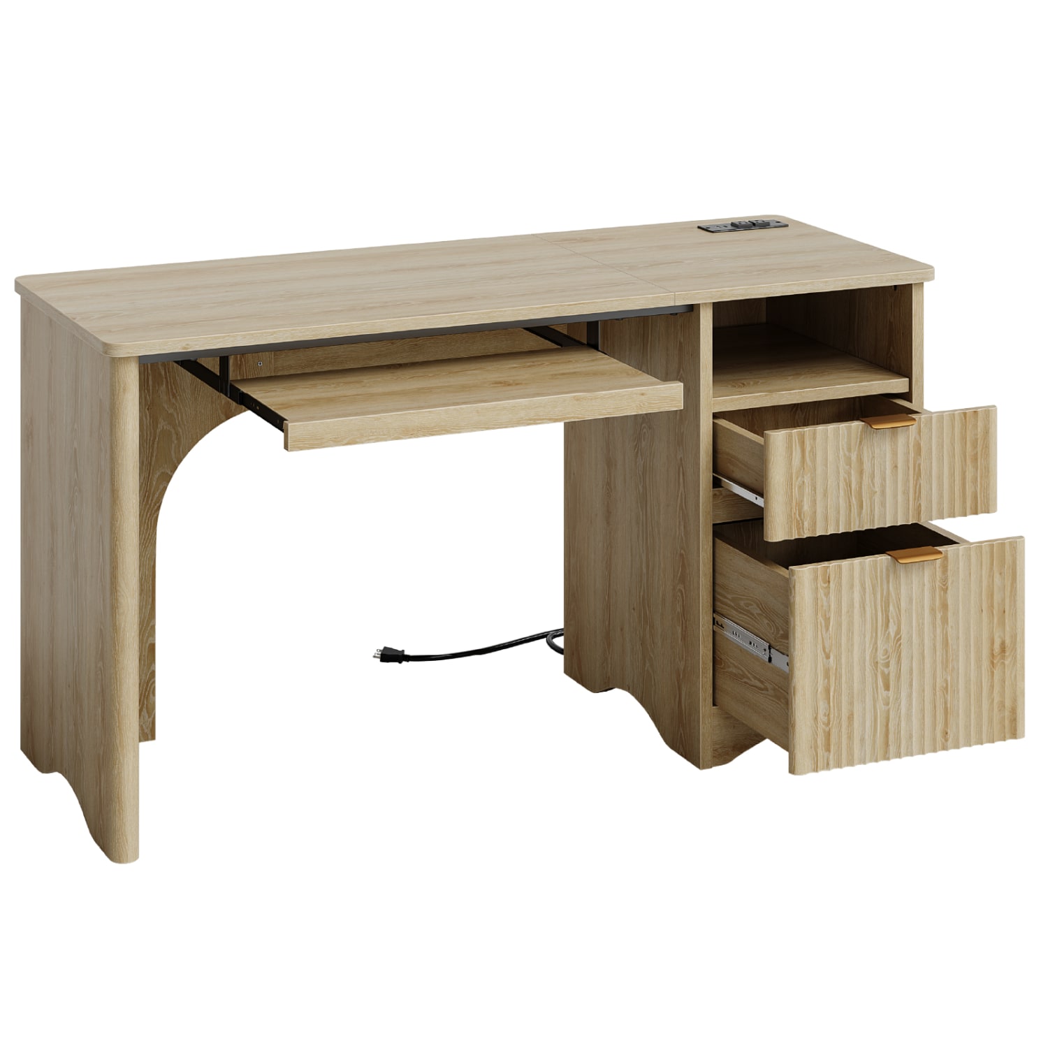 Bestier 55in Computer Desk With Power Outlets, 2 Storage Drawers And Keyboard Tray, Natural - Image 3