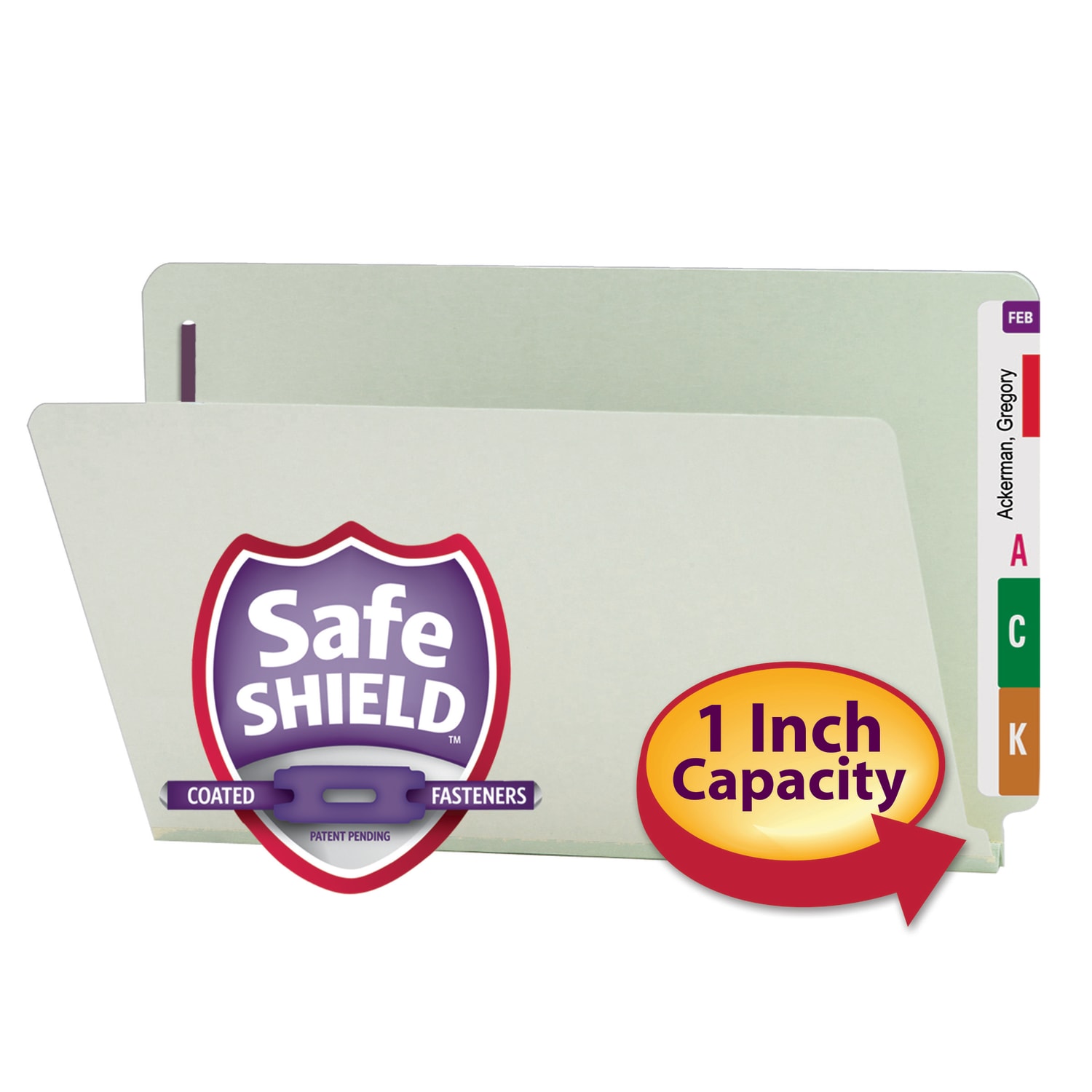 Smead Pressboard End-Tab Folders With Fasteners, Straight Cut, 1in Expansion, Legal Size, Gray/Green, Pack Of 25 - Image 3